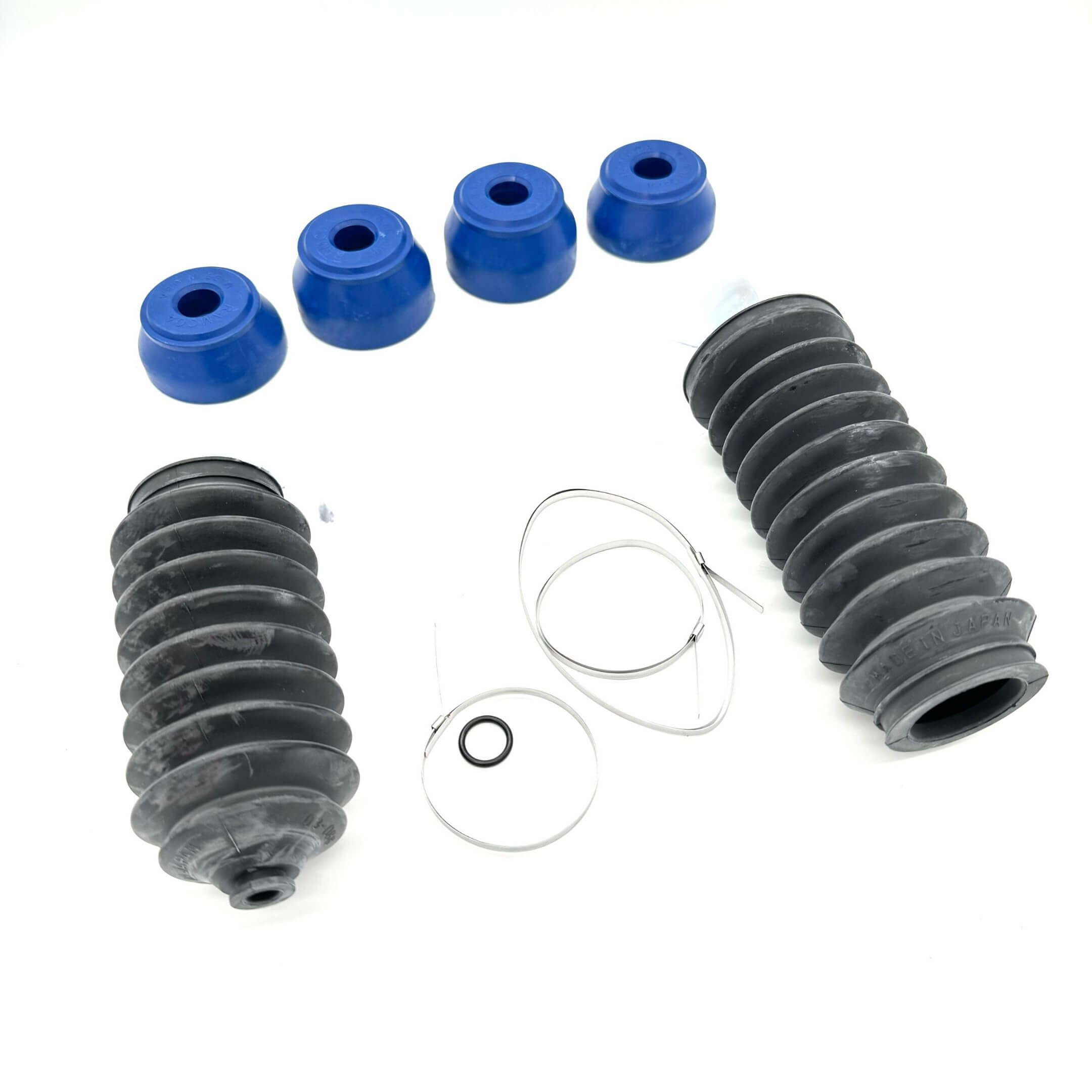 Honda Acty HH3 HH4 1990-1999 steering suspension upgrade kit parts, blue polyurethane bushings, black steering rack boots, tie rod bellows, clamps, and O-ring