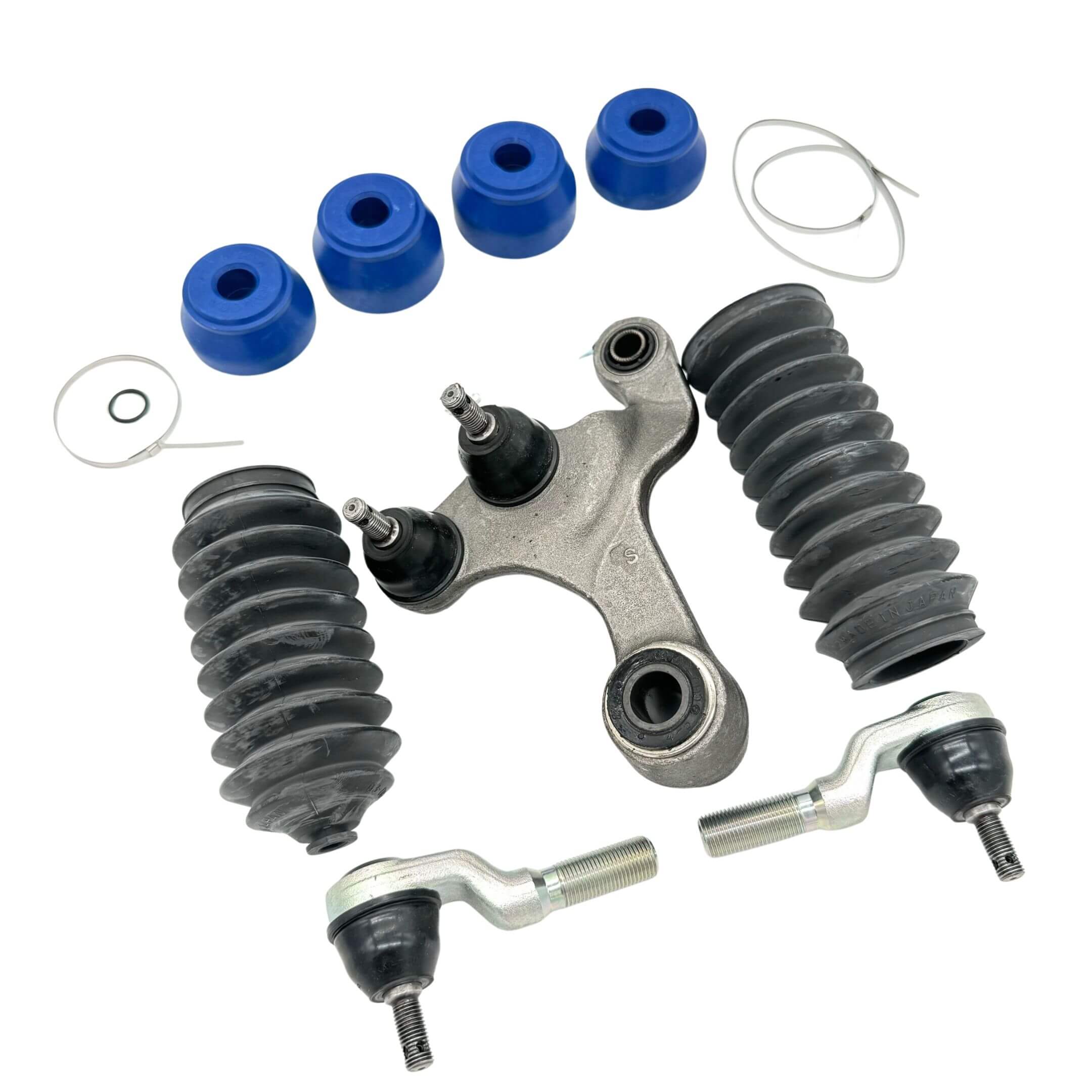 Steering & suspension upgrade kit for Honda Acty HA3 HA4 1990-1999 with center link arm assembly, inner tie rod ends, steering rack boots, blue polyurethane bushings, clamps, and O-ring on white background