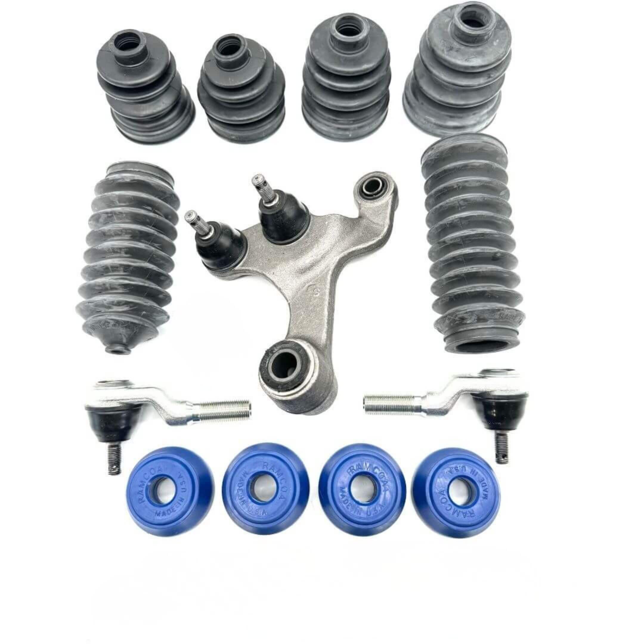Steering & suspension upgrade kit for Honda Acty HH3 HH4 1990-1999 showing center link arm assembly, tie rod ends, rack boots, ball joint boots, and blue polyurethane bushings on white background