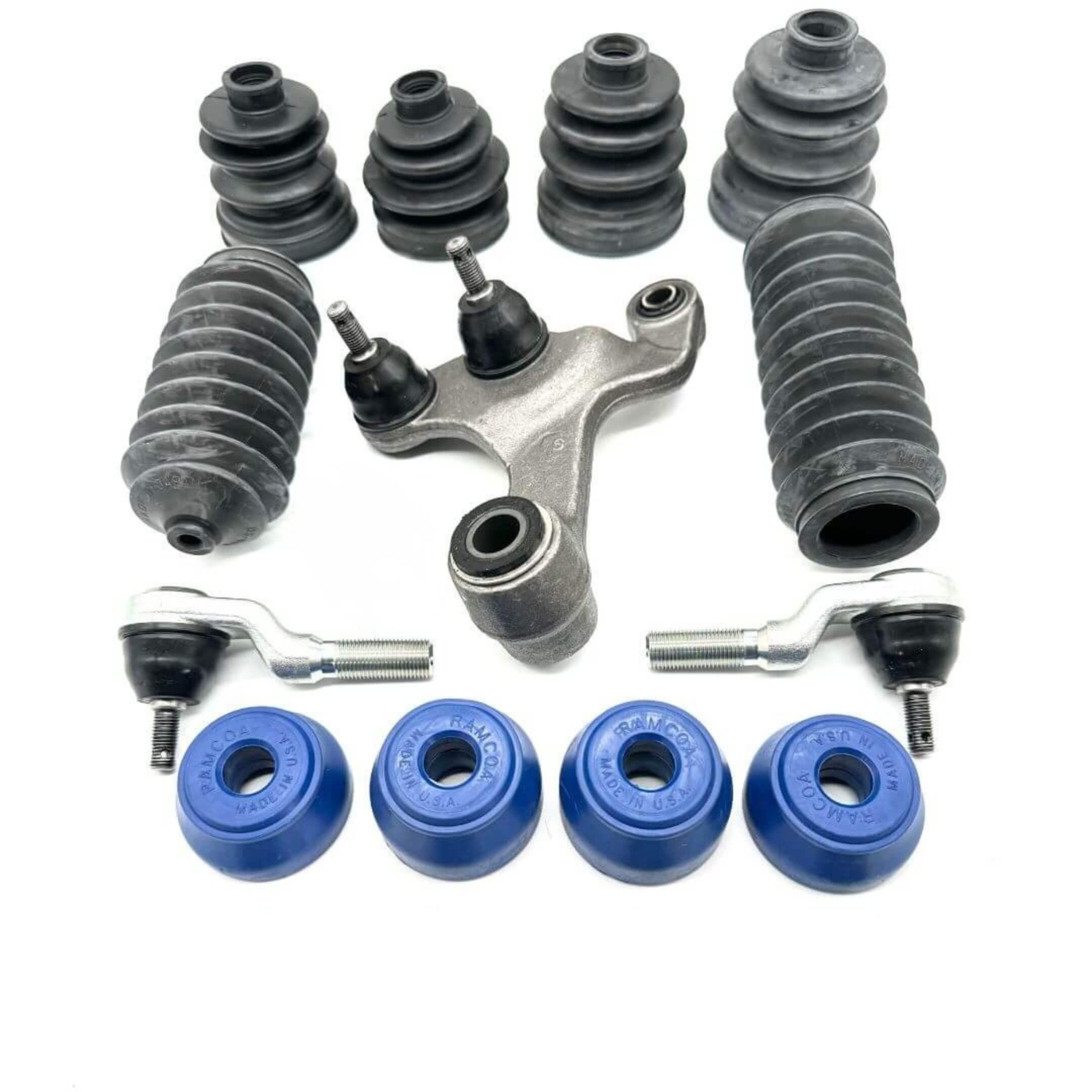 Honda Acty HH3 HH4 1990-1999 steering suspension upgrade kit layout with center link arm, tie rod ends, steering rack boots, ball joint dust boots, and blue polyurethane bushings on white background