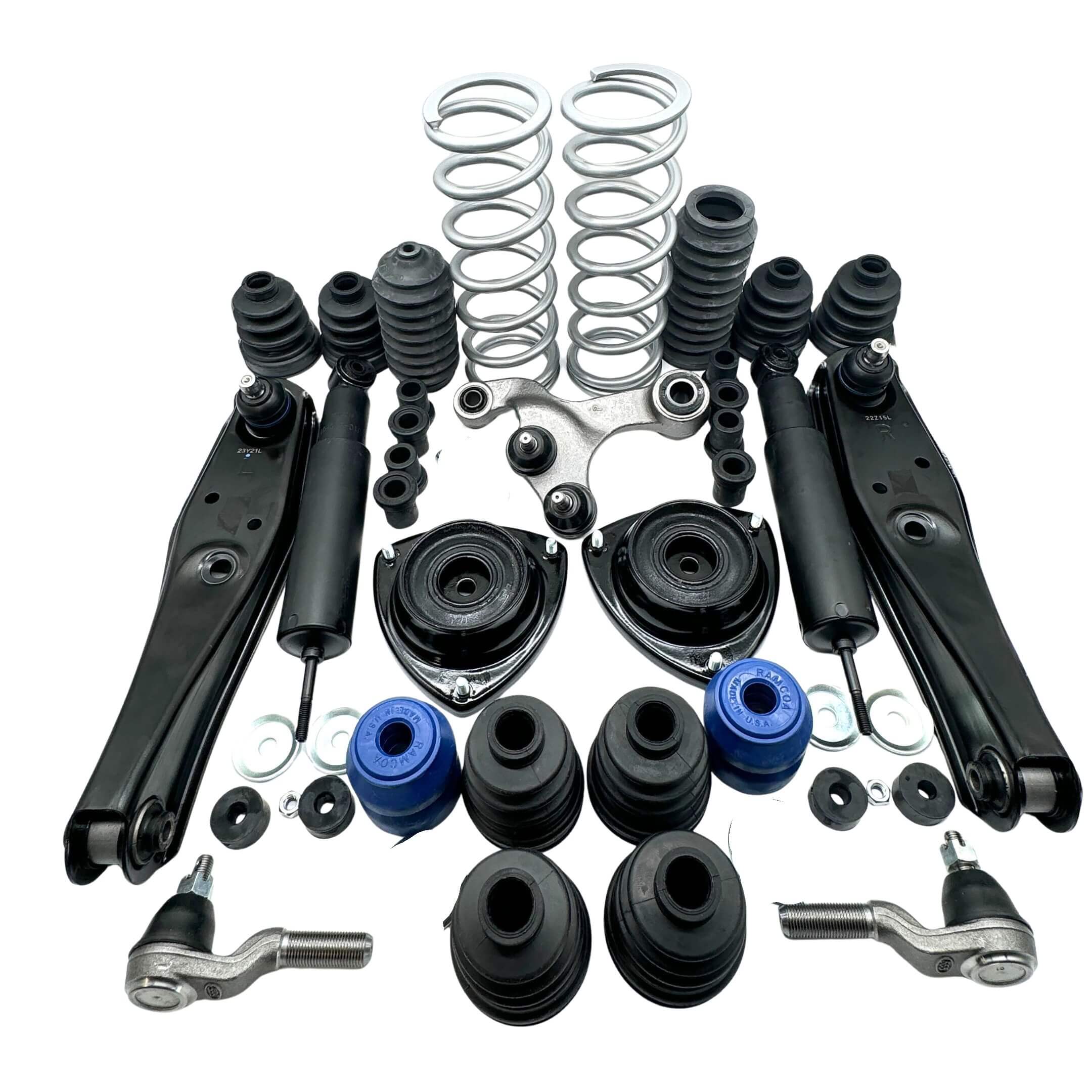 Honda Acty HH3 HH4 1990-1999 steering suspension upgrade kit 41 piece with lowering springs, front control arms, shocks, upper mounts, tie rod ends, steering rack boots, dust boots, bushings, and hardware on white background