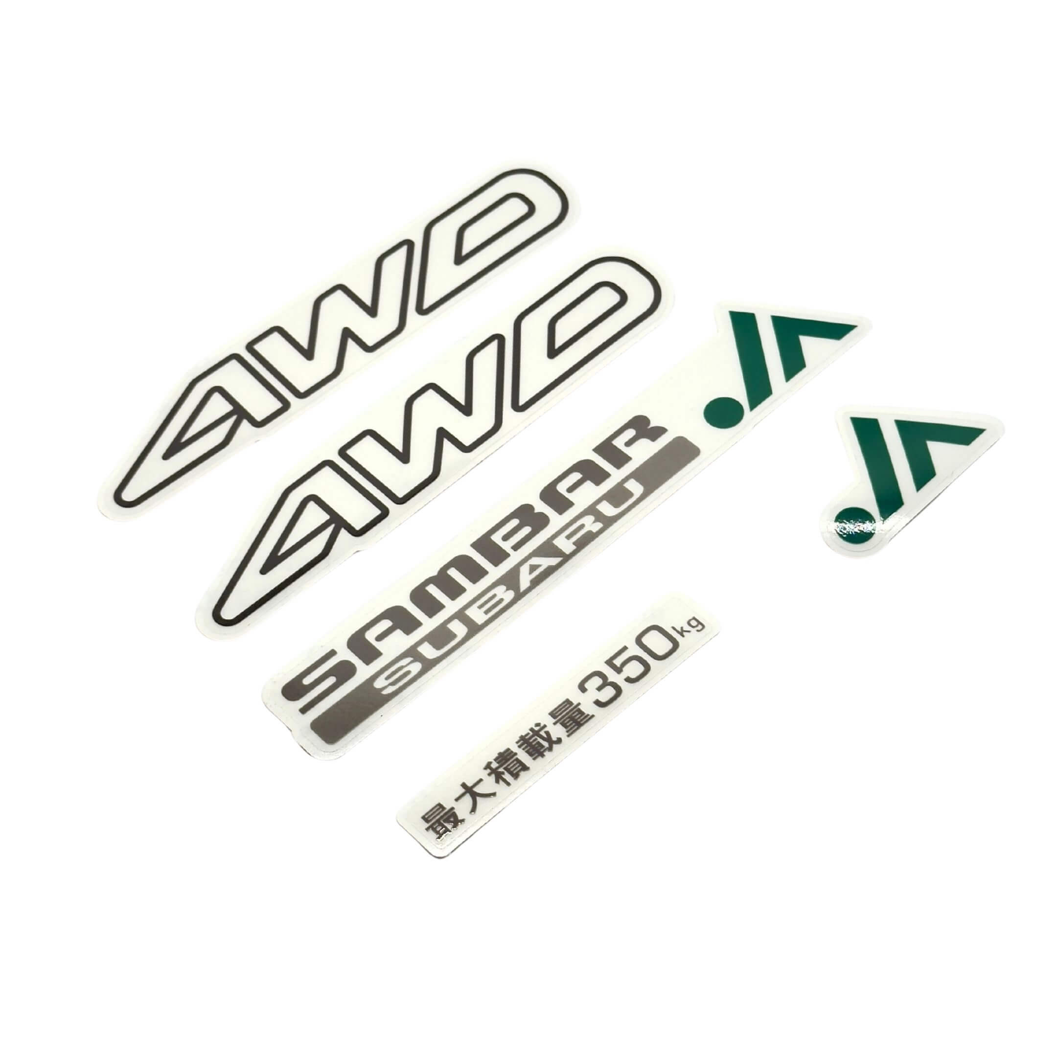 4WD JA Decal Set for Subaru Sambar Truck TT1, TT2 Models (1999-2012) featuring AWD, Sambar Subaru, and weight capacity labels.