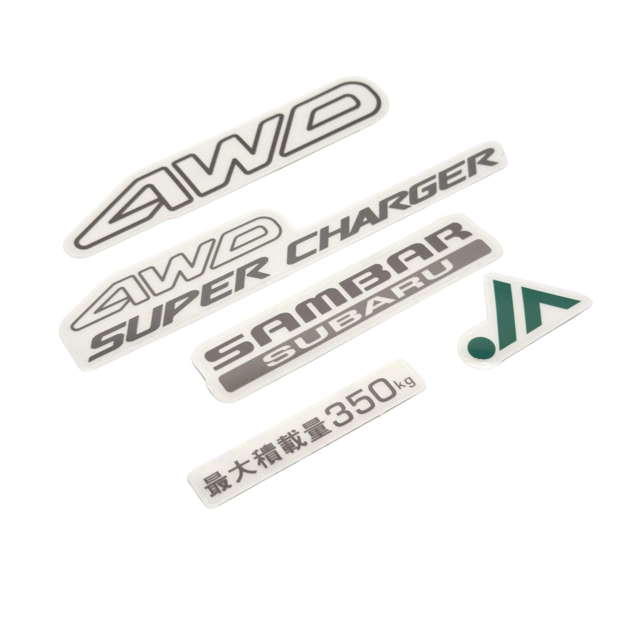 4WD Super Charger JA Decal Set for Subaru Sambar Truck TT1, TT2 Models (1999-2012) featuring AWD, Super Charger, Sambar Subaru, and weight capacity labels.