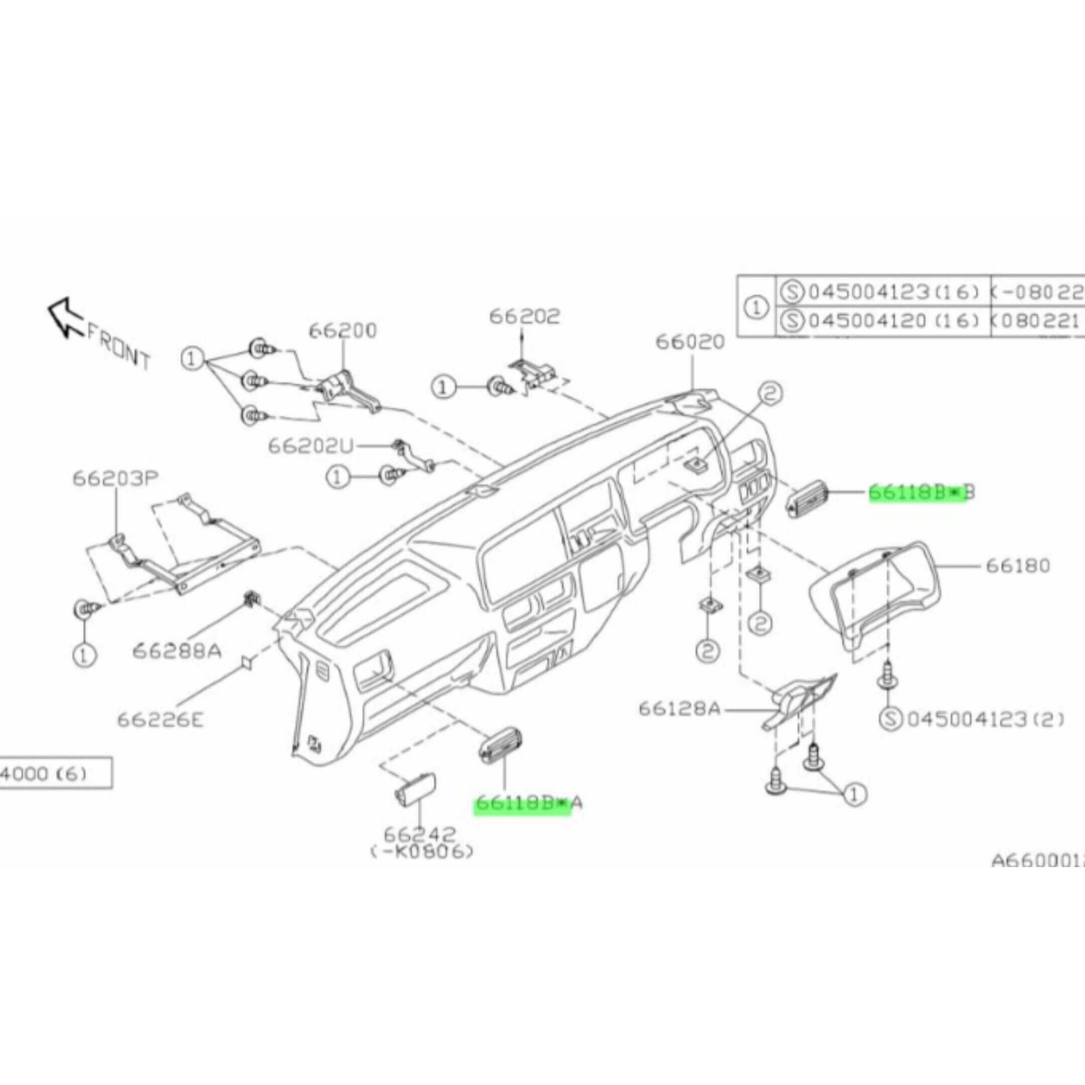Air Vent Set for Dashboard of Subaru Sambar Wagon TW1, TW2 Models (1999-2012) featuring detailed diagram with labeled components.