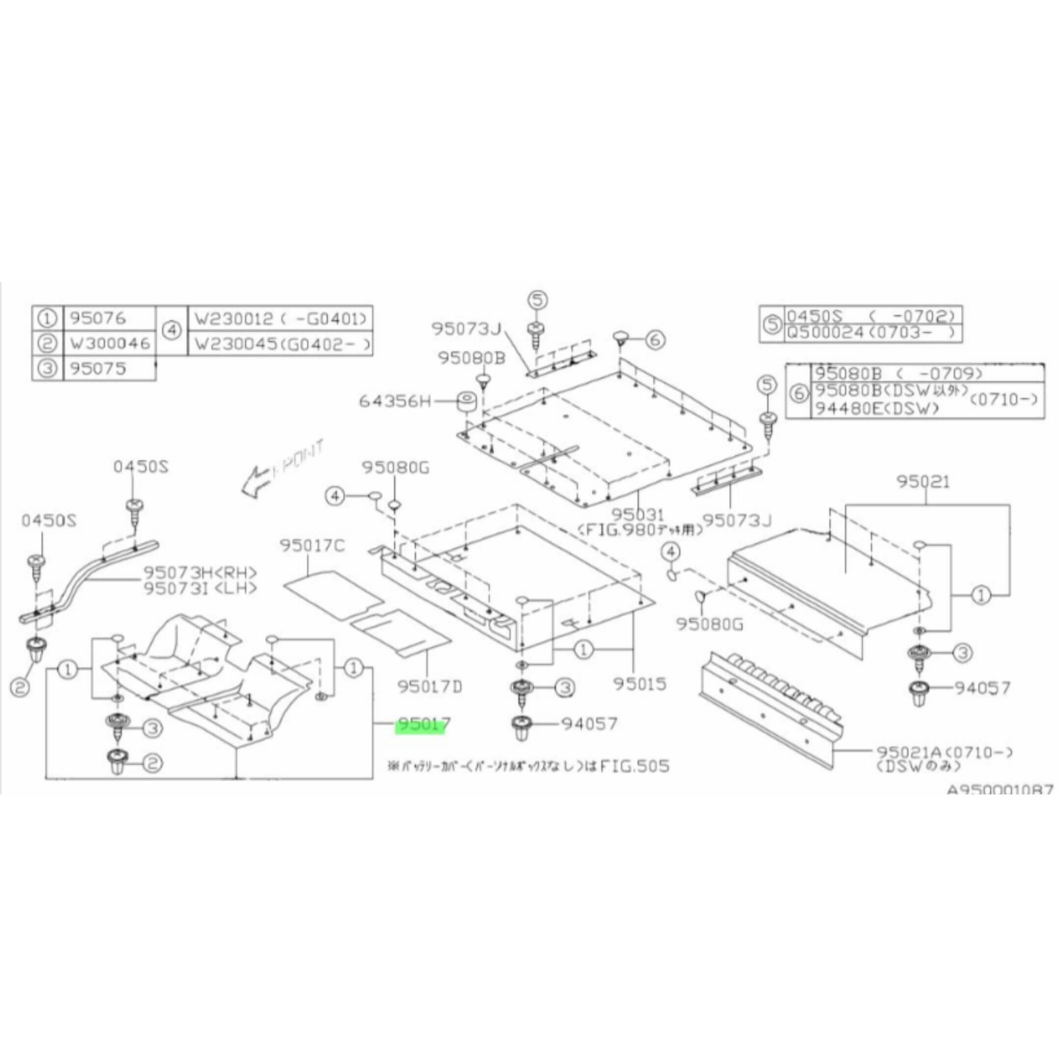 Cab Floor Mat for Subaru Sambar Truck TT1, TT2 Models (1999-2012) with part number 95017TC020NQ, featuring detailed installation diagram.