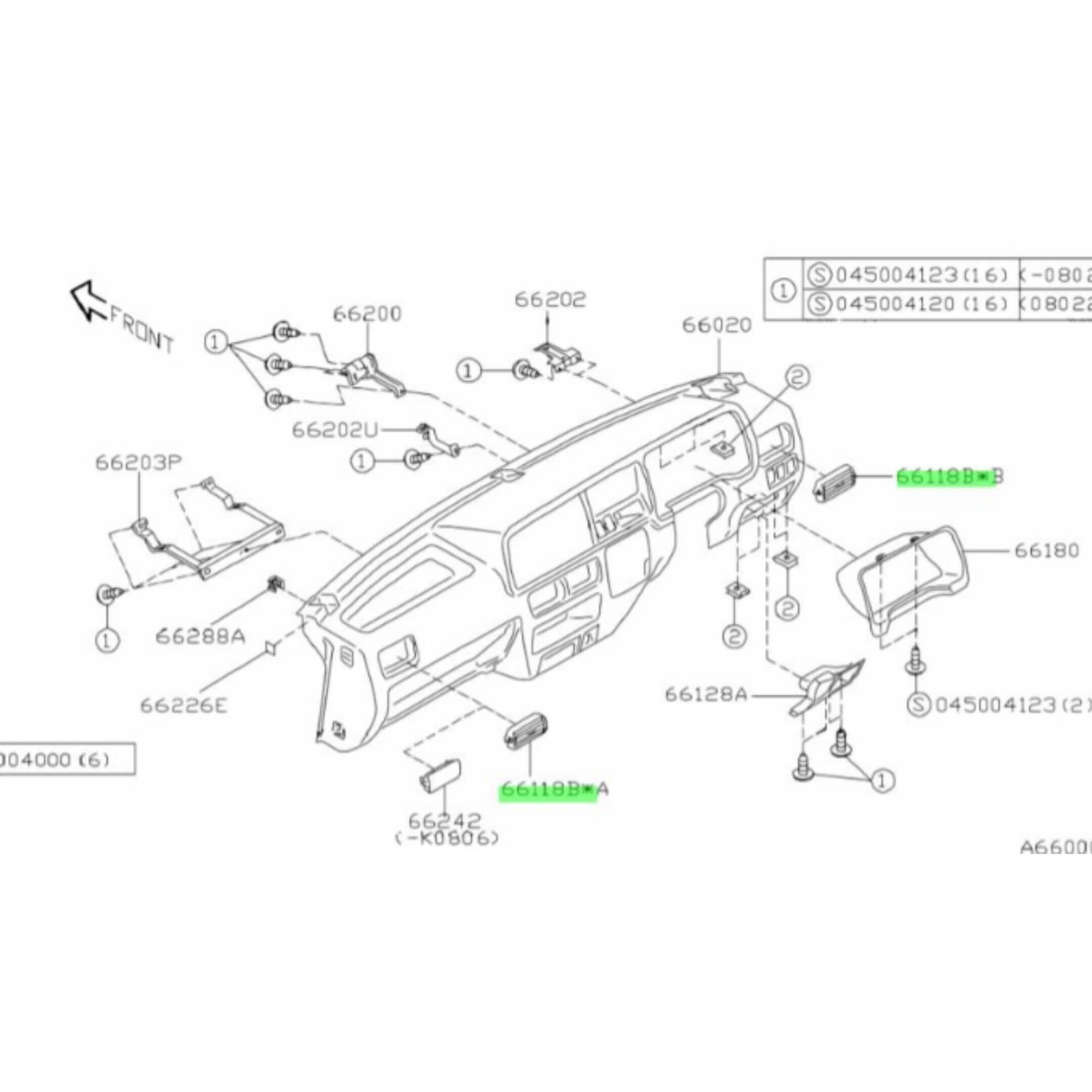 Air Vent Dashboard for Subaru Sambar Truck TT1, TT2 Models (1999-2012) featuring detailed assembly diagram and part numbers.