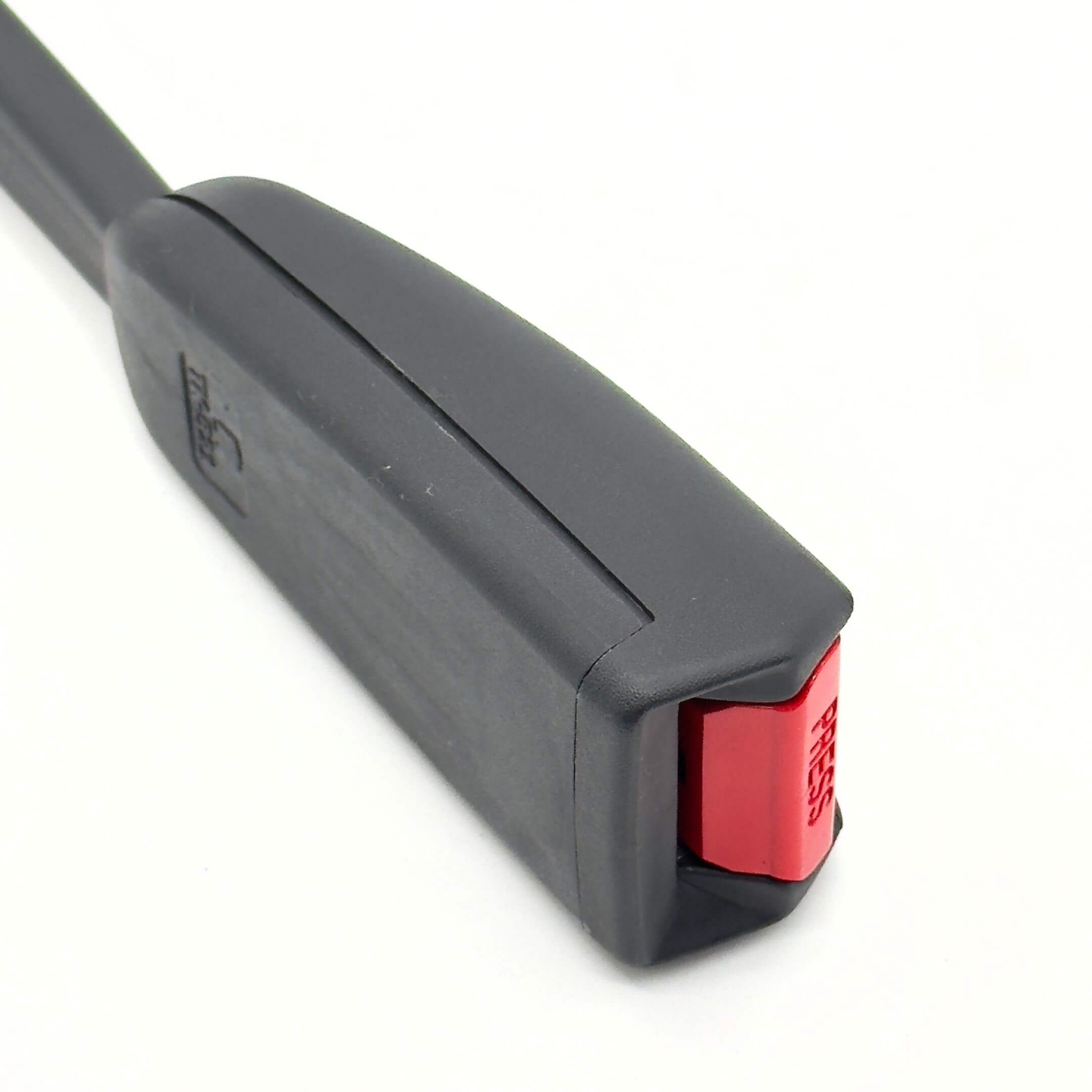 Seat Belt Buckle for Driver Side Subaru Sambar Truck TT1, TT2 Models (1999-2012) featuring a black casing with a red press button.