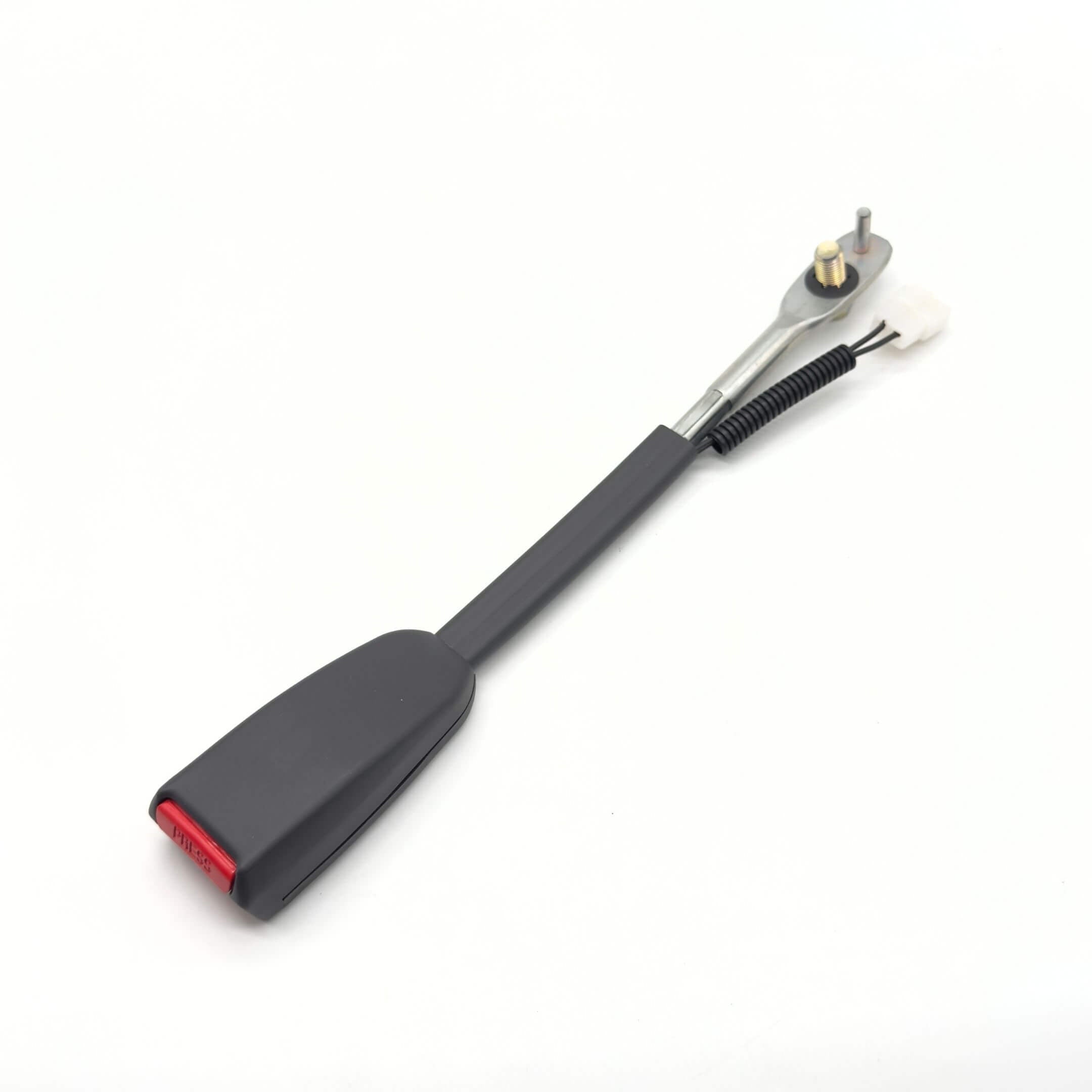 Seat Belt Buckle for Driver Side Subaru Sambar Truck TT1, TT2 Models (1999-2012) featuring a black buckle with a red release button and attached wiring.