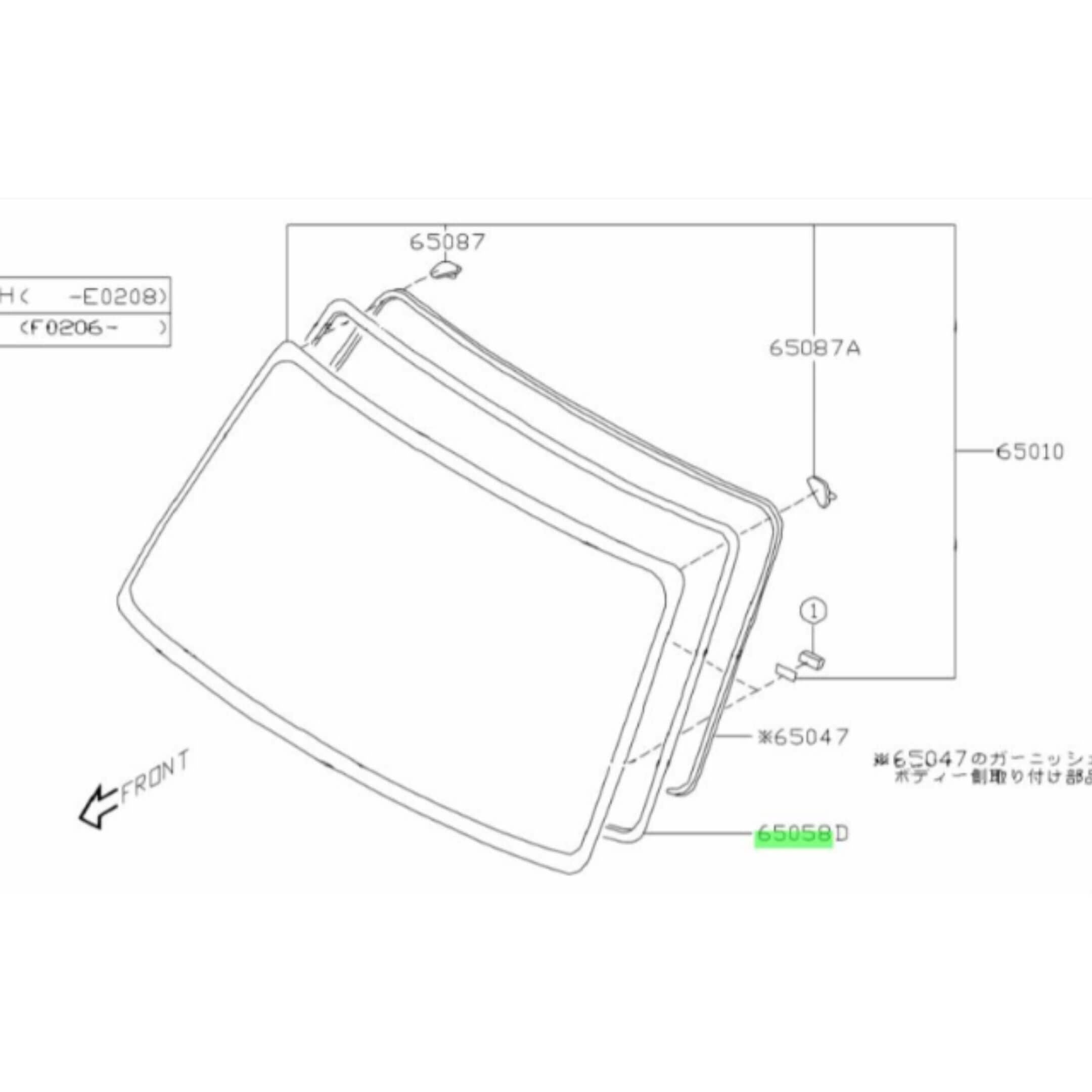 Front Windshield Molding (Weatherstrip / Outer Trim Seal) for Subaru Sambar Truck TT1, TT2 Models (1999-2012) featuring detailed installation diagram.