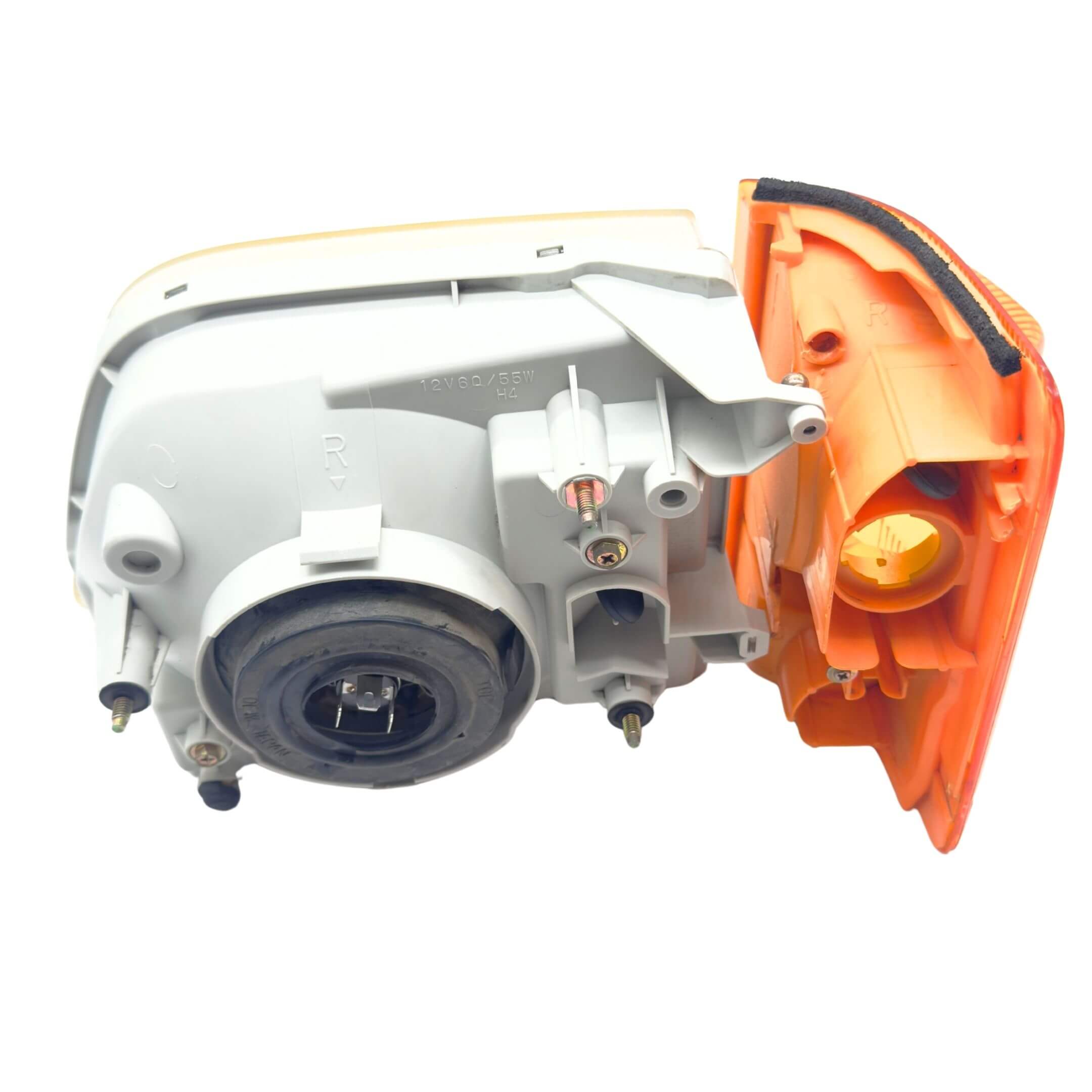 Used headlight and turn signal assembly for Subaru Sambar Truck TT1, TT2 models (1999-2012), featuring a right/driver side fit with visible mounting points and orange lens.