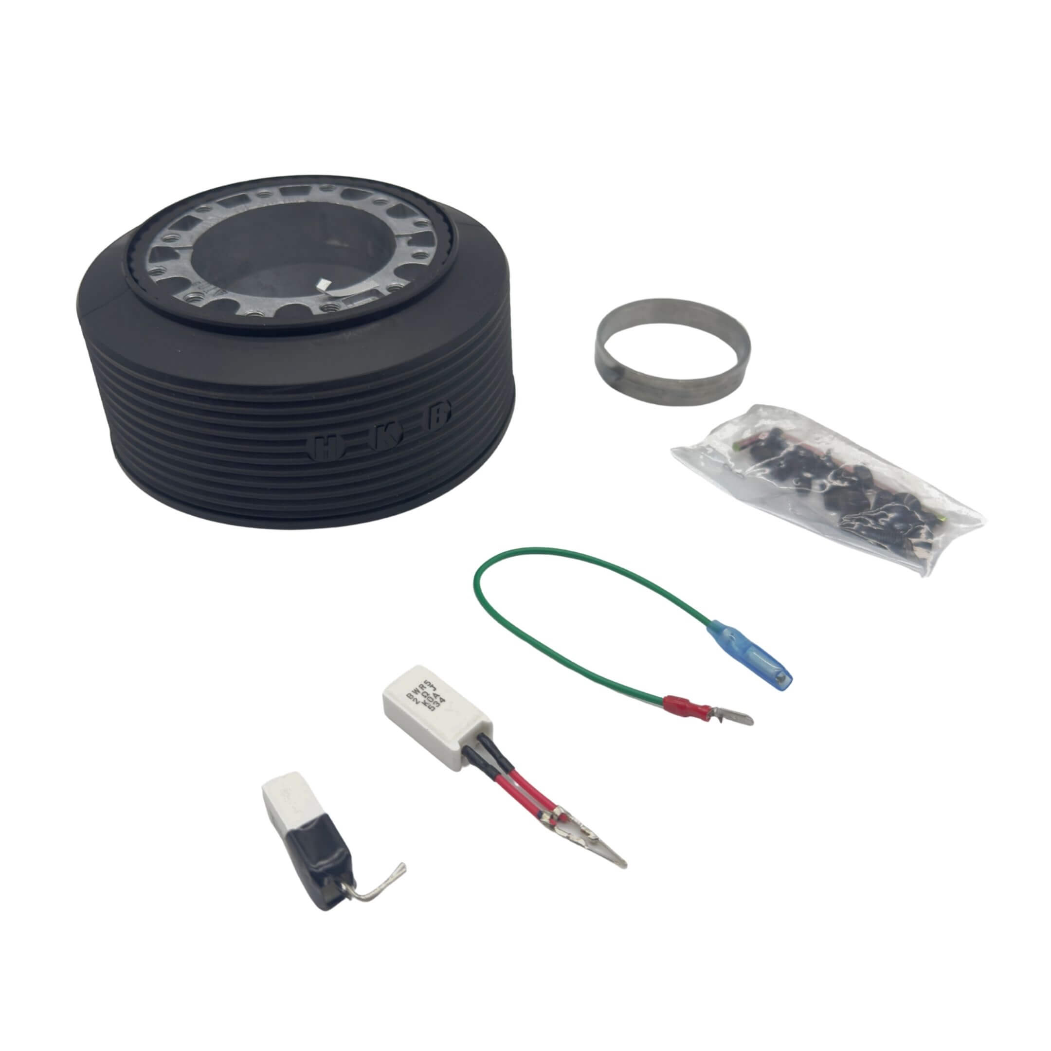 HKB Sports Boss Steering Wheel Hub Adapter for Subaru Sambar Wagon TW1, TW2 Models (1999-2012) featuring a black ribbed design and included wiring components.