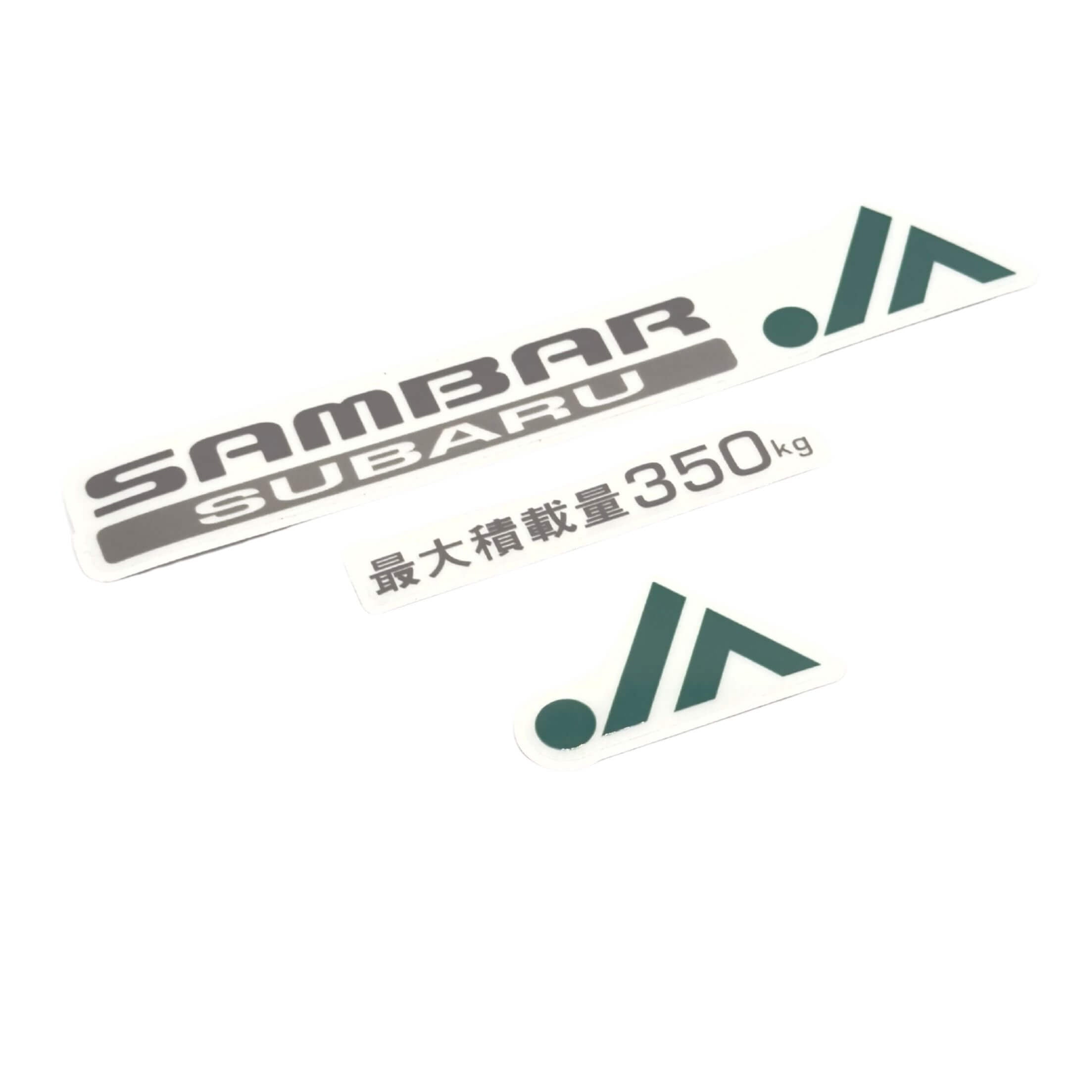 JA Decal Set for Subaru Sambar TT1, TT2 Models (1999-2012) featuring bold lettering and weight capacity in Japanese.