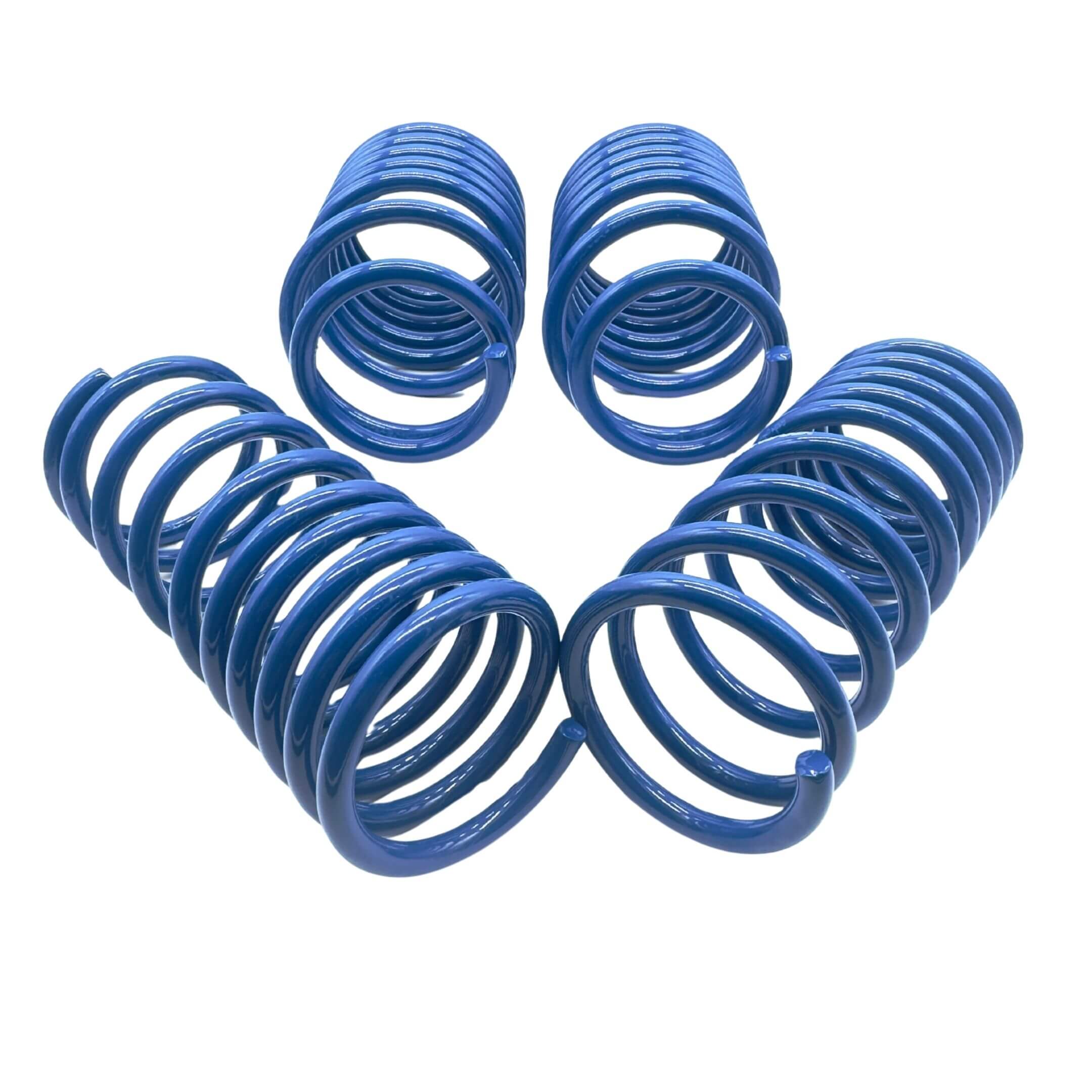 Espelir Super Down Springs for Subaru Sambar Van TV1, TV2 models (2005-2012) featuring a vibrant blue design and lowering capability of 1.38–1.57 inches front, 1.46–1.65 inches rear.