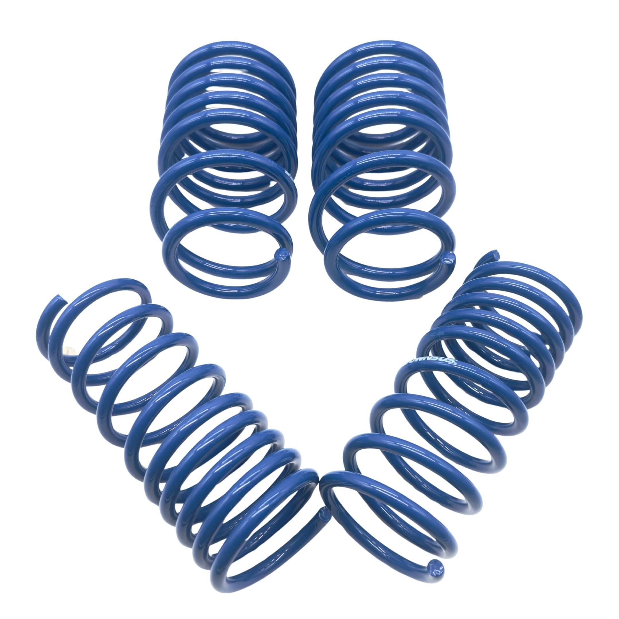 Espelir Super Down Springs for Subaru Sambar Van TV1, TV2 models (2005-2012) featuring a vibrant blue finish and designed for a 1.38–1.57 in / 1.46–1.65 in drop.