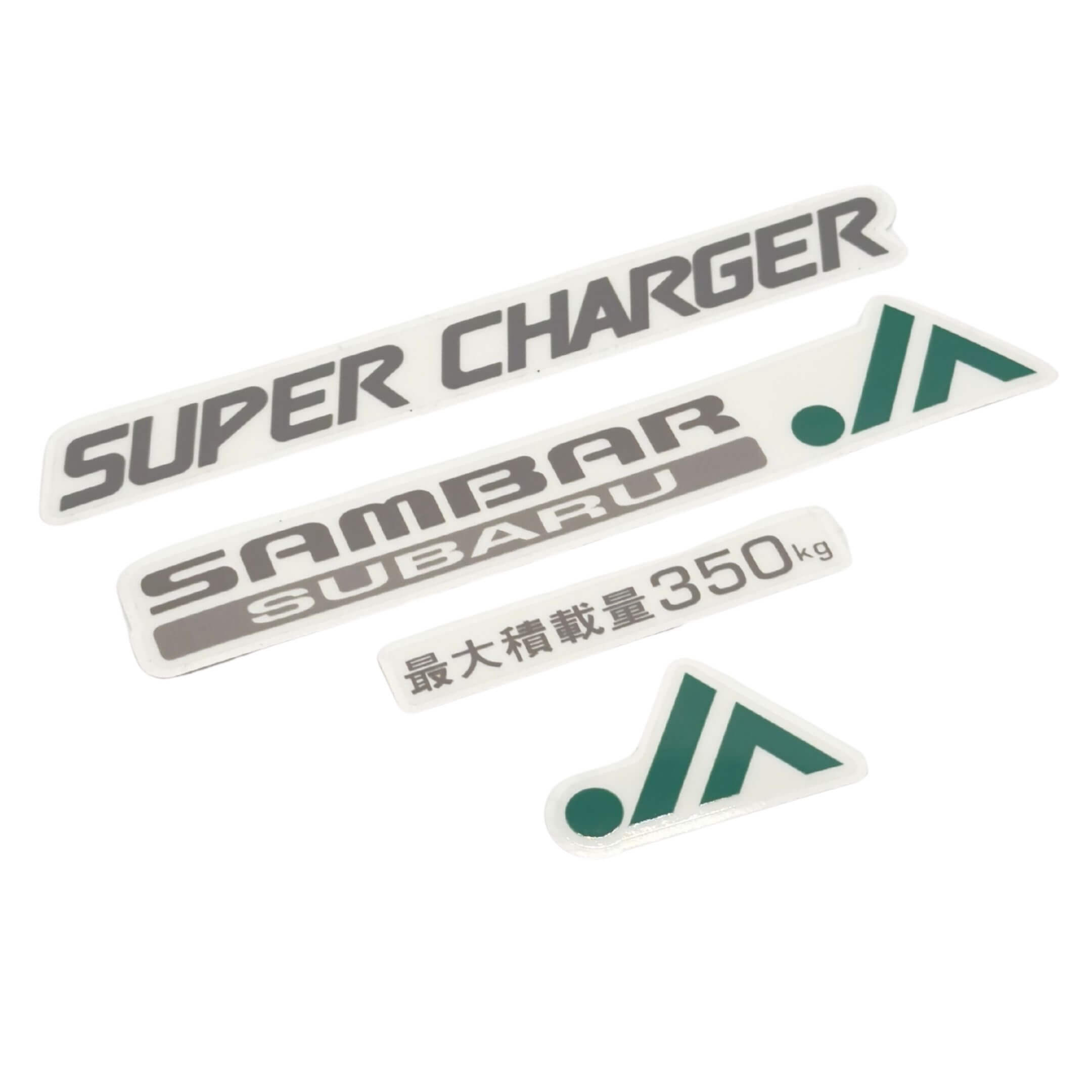 Super Charger & JA Decal Set for Subaru Sambar Truck TT1, TT2 Models (1999-2012) featuring bold lettering and distinctive graphics.