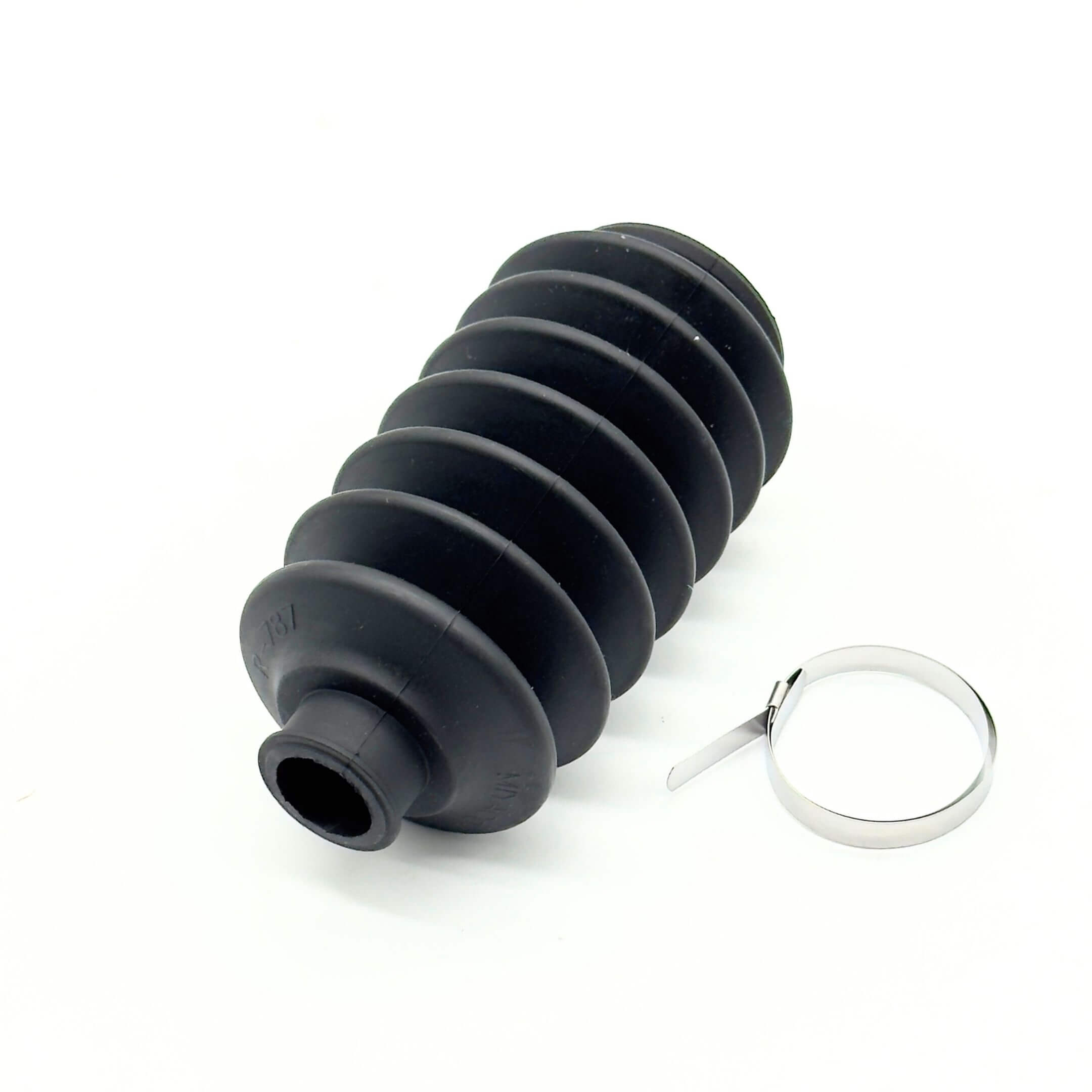 Steering Rack Boot for Subaru Sambar Van TV1, TV2 Models (1999-2012) featuring a durable black rubber design with an included metal clamp.