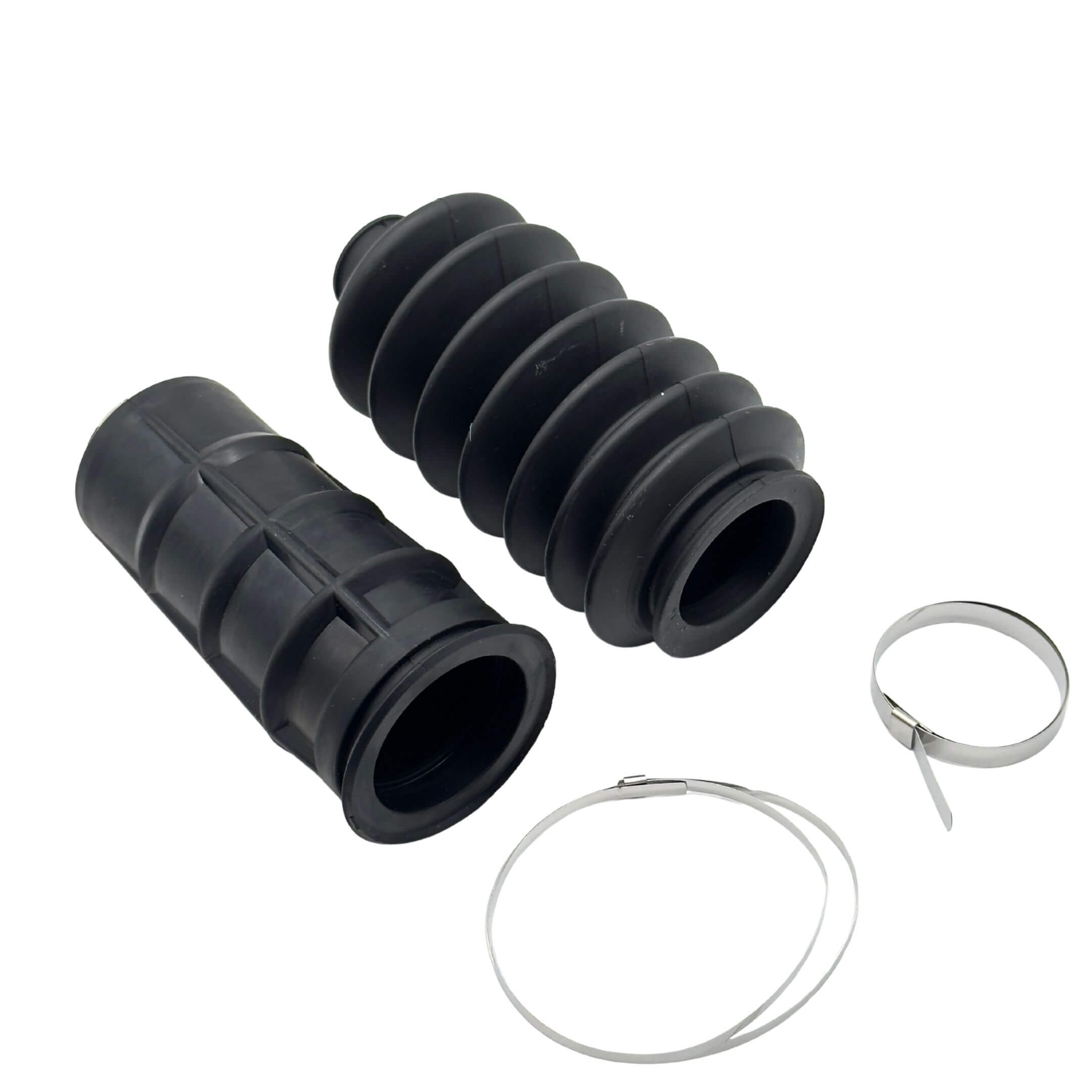 Steering Rack Boot Set for Subaru Sambar Truck TT1, TT2 Models (1999-2012) featuring durable black rubber construction with accompanying metal clamps.
