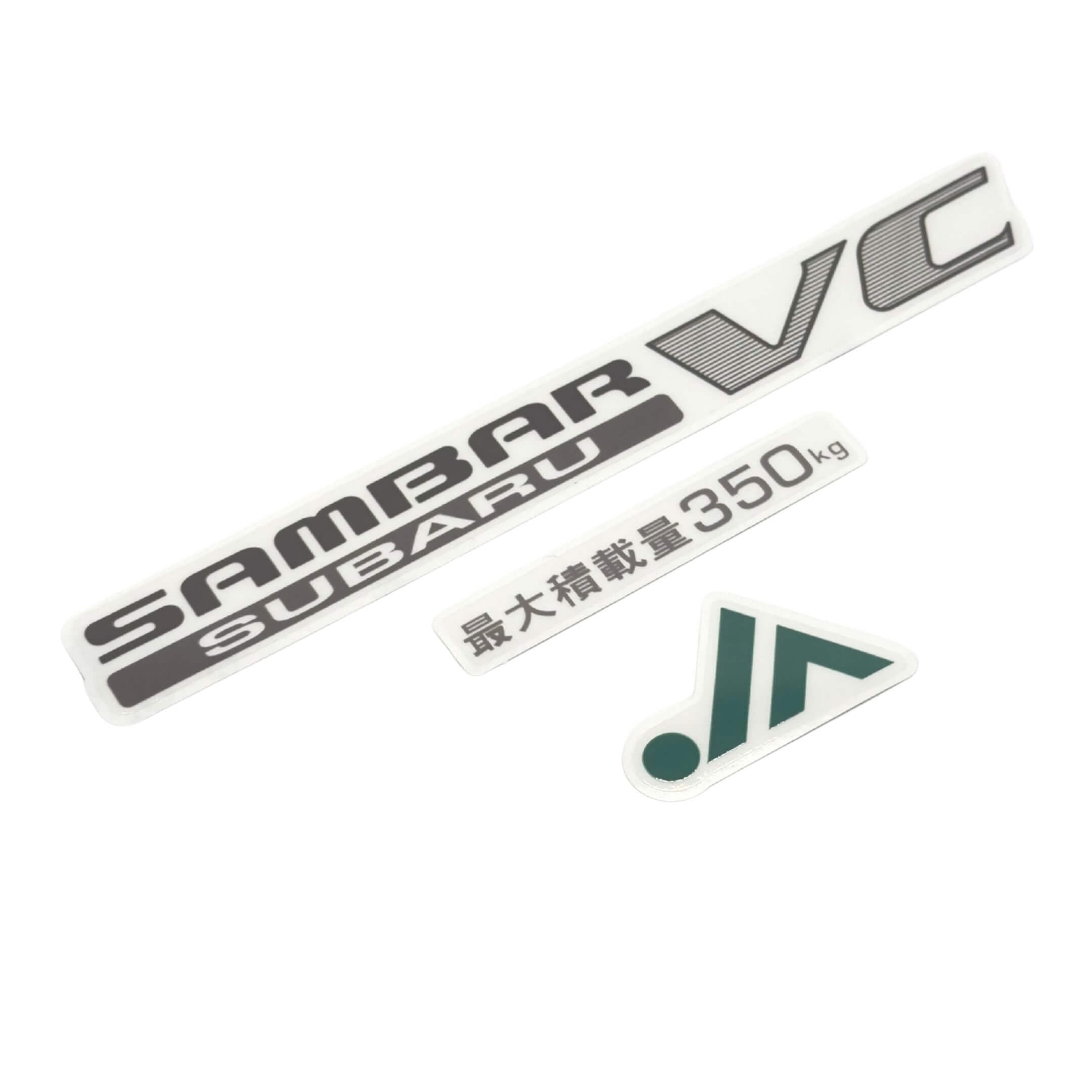VC + JA Decal Set for Subaru Sambar TT1, TT2 Models (1999-2012) featuring "Sambar Subaru," "VC," and weight capacity text in Japanese.