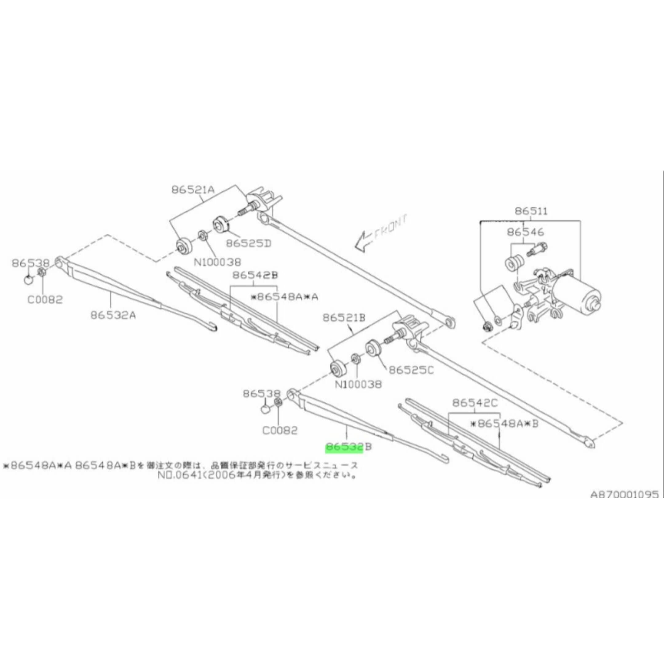 Wiper Arm - Passenger Side for Subaru Sambar Van TV1, TV2 Models (1999-2012) with detailed schematic diagram.
