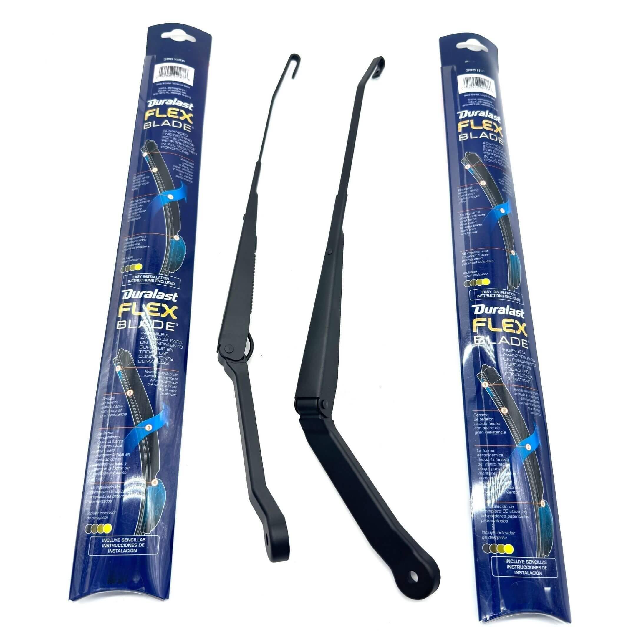 Wiper Arm & Wiper Blades Set for Subaru Sambar Van TV1, TV2 Models (1999-2012) featuring durable black design and Duralast Flex Blade packaging.
