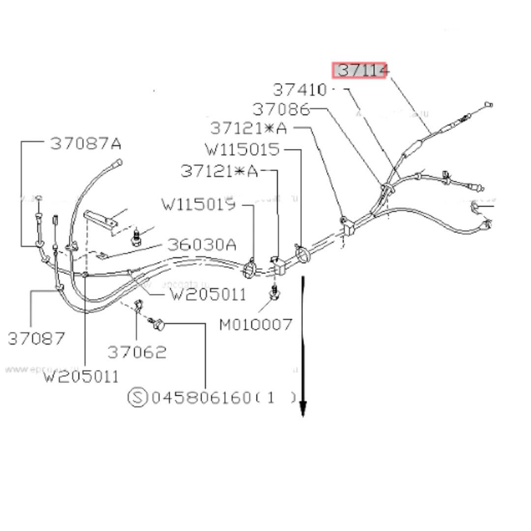 Subaru parts diagram showing accelerator cable 37010TA024 routing and hardware for Subaru Sambar Van KV3, KV4 models 1990-1998.