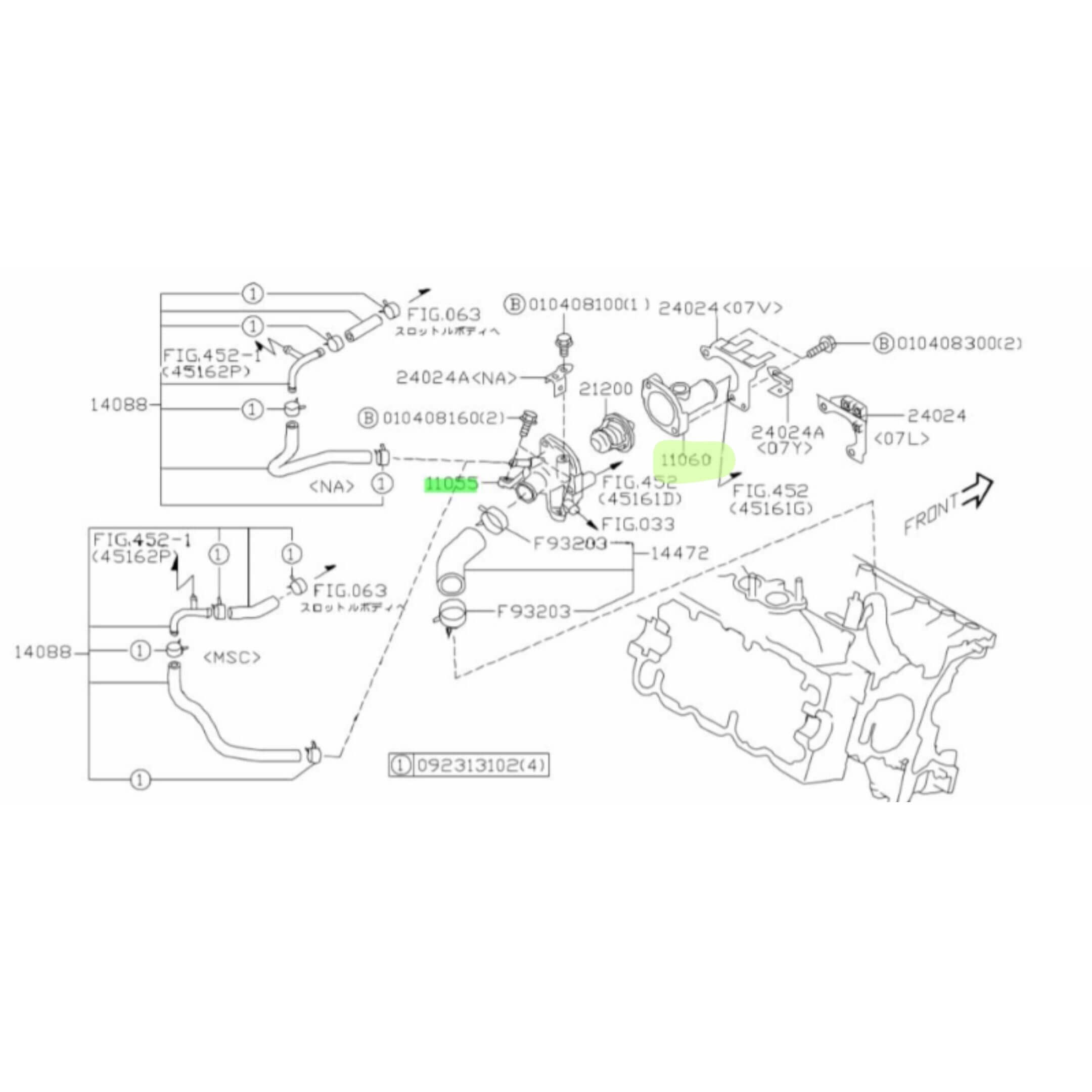 Thermostat Housing Body & Cover Set for Subaru Sambar Truck TT1, TT2 Models (1999-2012) featuring detailed assembly diagram and part numbers.