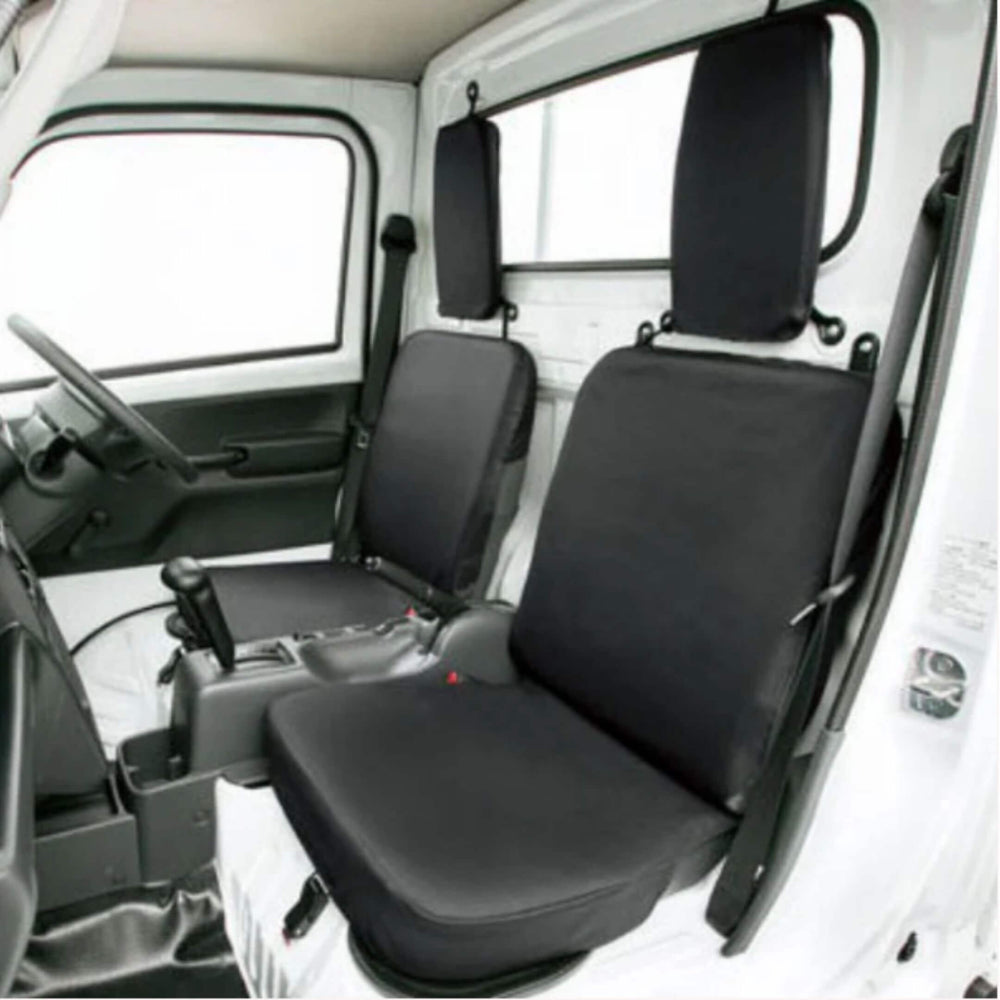 Waterproof Seat Cover Set for Kei Trucks featuring heavy-duty black protectors, designed for universal fit on front seats of Subaru Sambar, Honda Acty, Suzuki Carry, Daihatsu Hijet, Mitsubishi Minicab