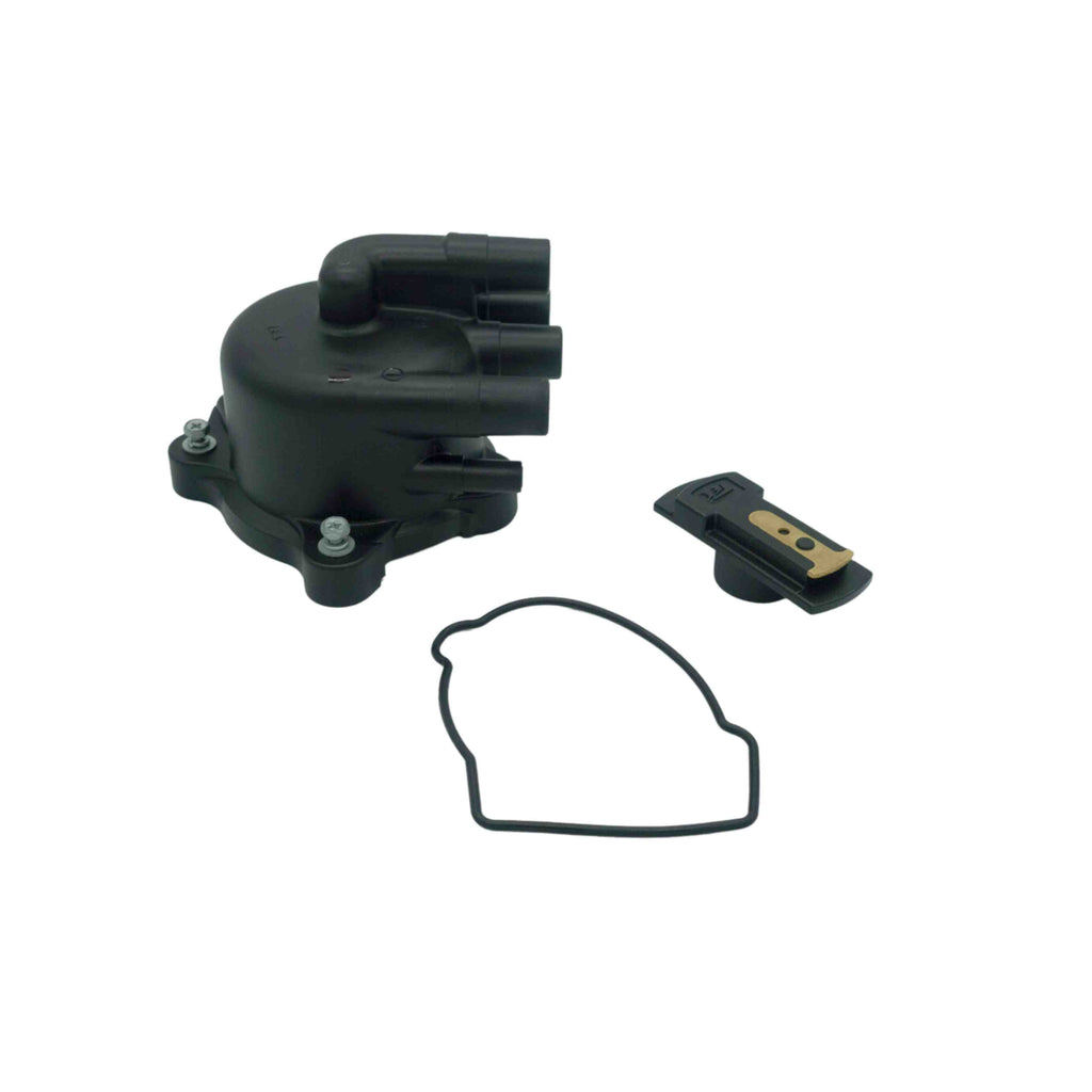 Complete ignition replacement kit for Honda Acty HA3 HA4 including distributor cap, rotor, and gasket shown against a white background, fitting 1990-1999 mini trucks.