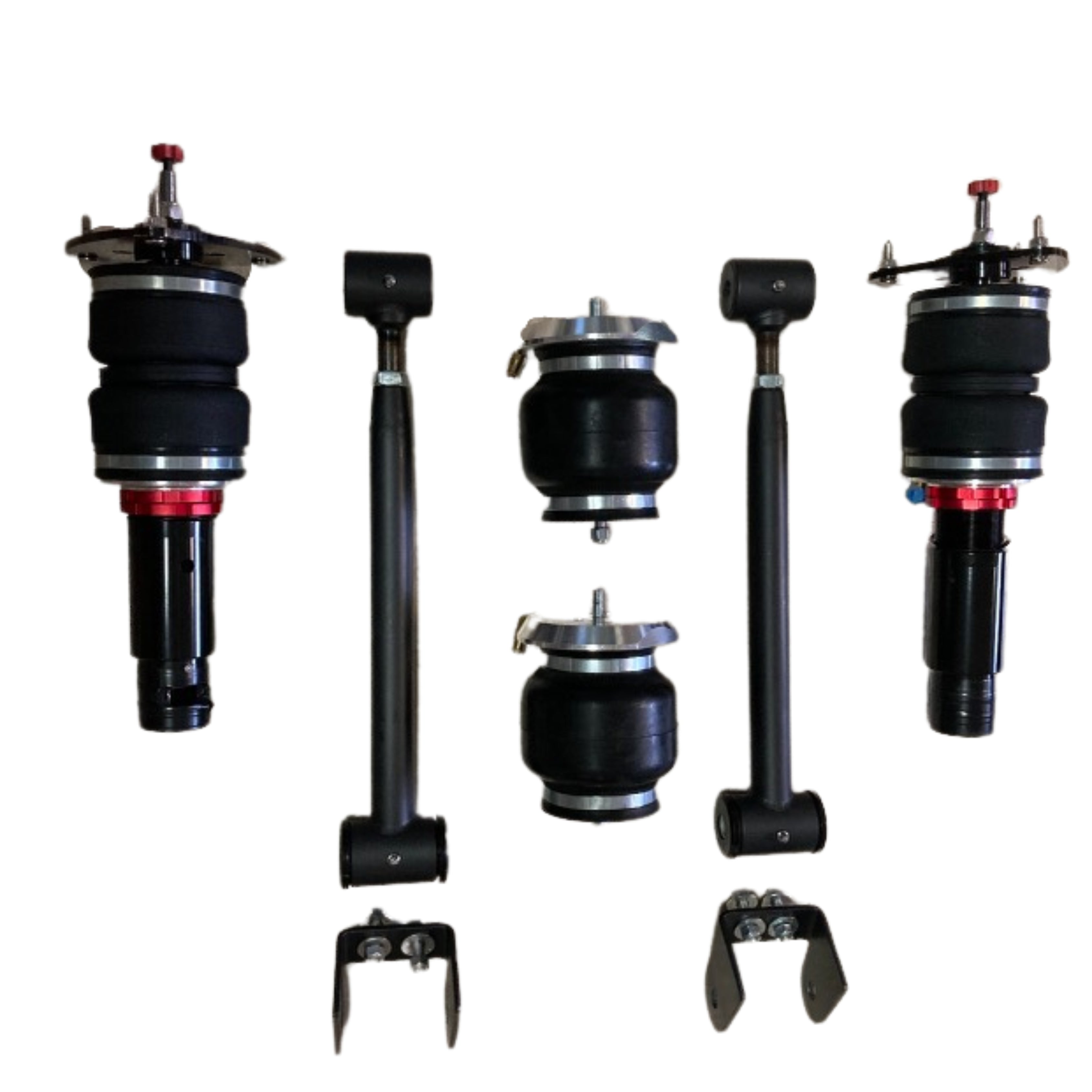 Component view of a Honda Acty air ride suspension kit, featuring struts, airbags, and management system for a performance upgrade.