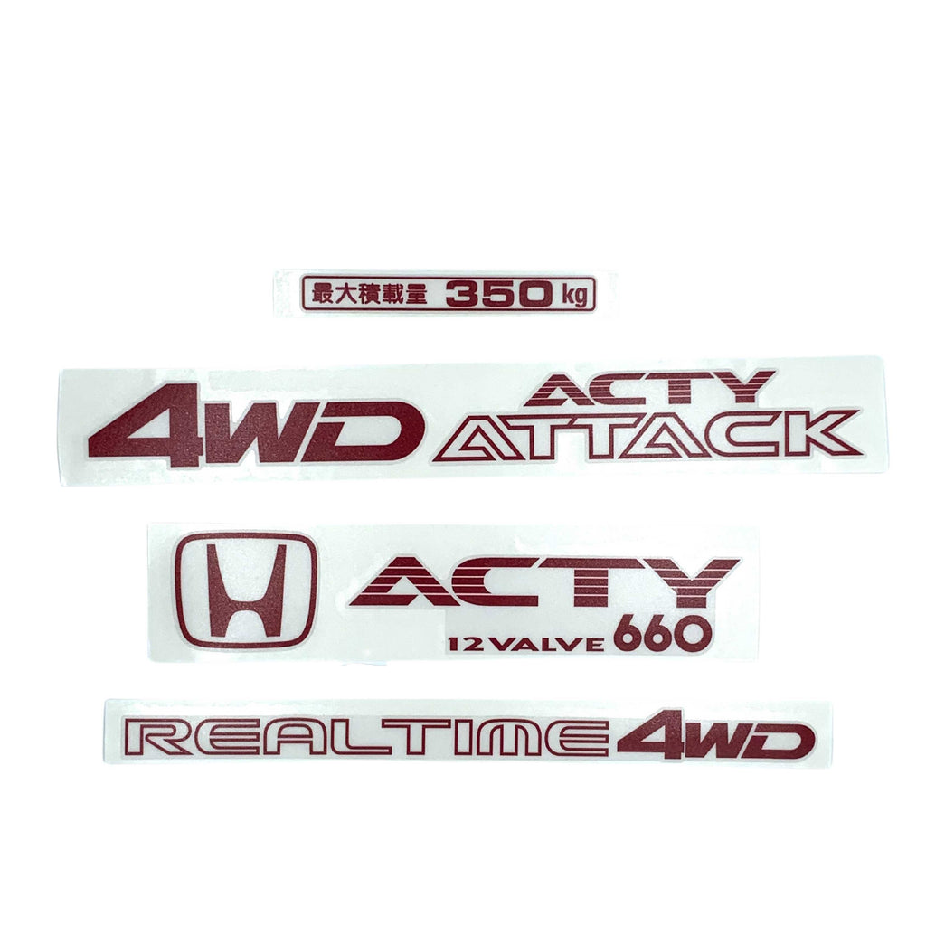 "High-quality Honda Acty Replica Decals in OEM Red, displayed on a white background - Perfect for JDM Mini Truck customization and upgrades"