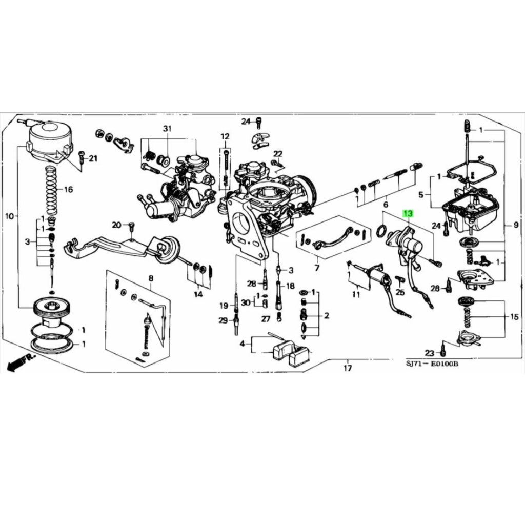 Detailed diagram of Honda Acty HA3 HA4 air vent cut carburetor solenoid system, illustrating component assembly for models from 1990-1999.