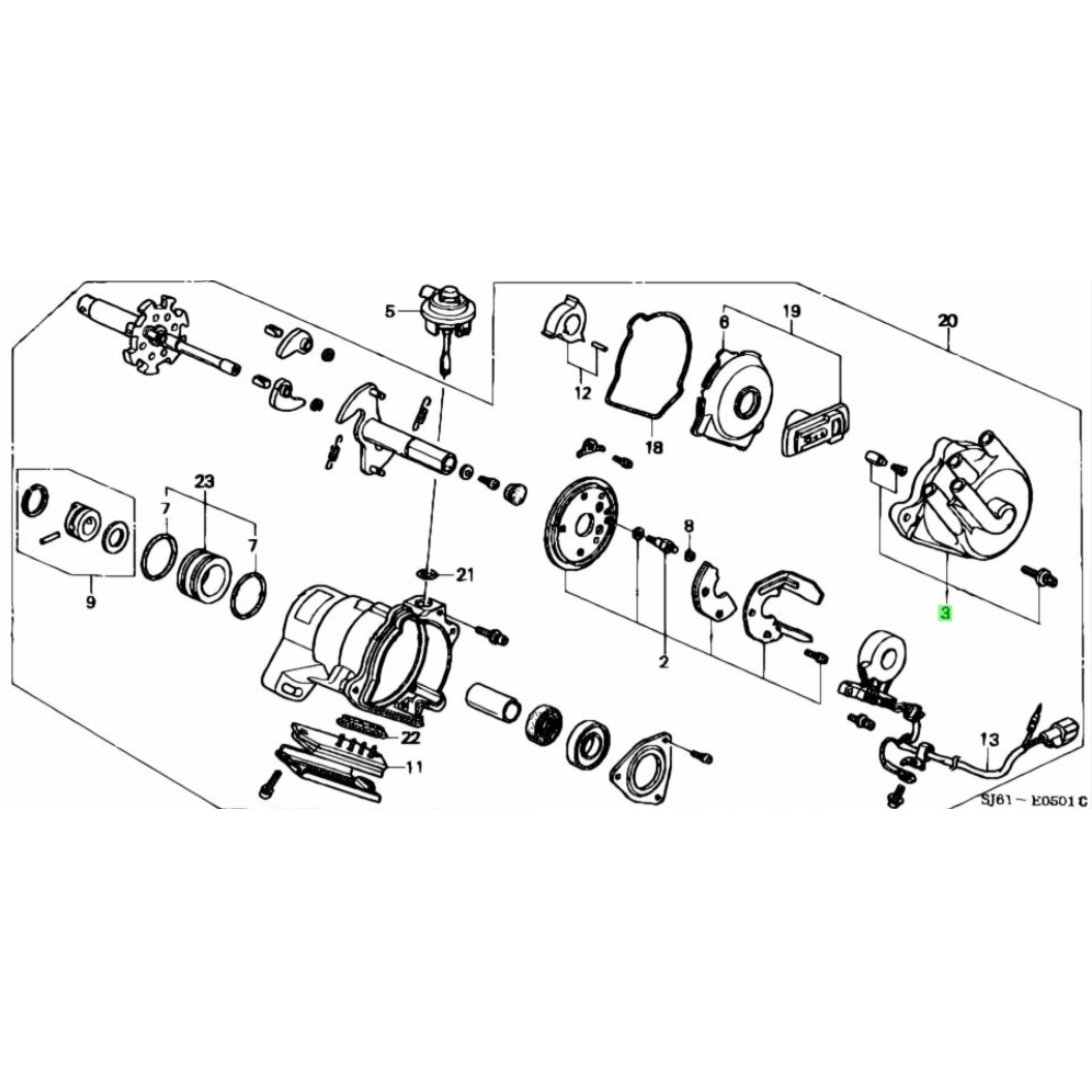 Exploded diagram of Honda Acty truck ignition system components highlighting the distributor cap and rotor placement, compatible with HA3 and HA4 models from 1990 to 1999.