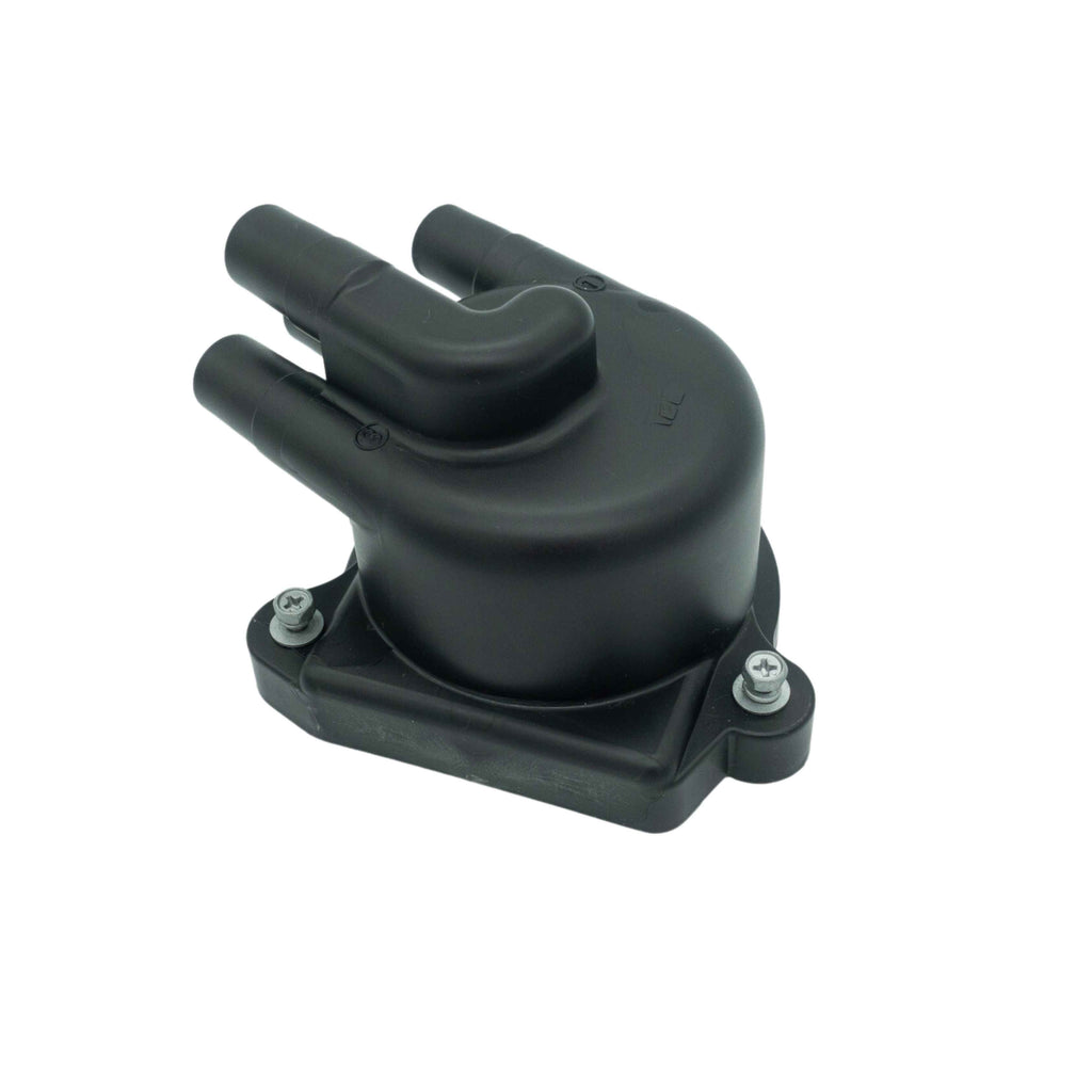 Isolated view of a black ignition distributor cap for Honda Acty HA3 HA4, showing the plug wire connections and mounting points, suitable for 1990-1999 truck models.
