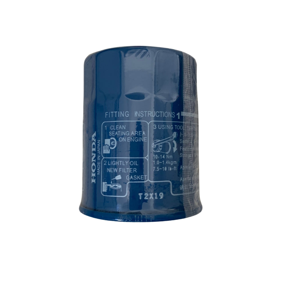 Honda Acty oil filter for 1990-1998 HA3, HA4, HA2, HA1 models, with detailed fitting instructions and torque specifications on blue filter housing