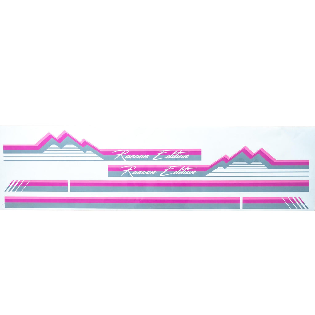 Custom-designed Racoon Edition side decal in pink for Honda Street Van HH3, HH4 models, spanning years 1990-2000, showcasing unique font and mountain graphics