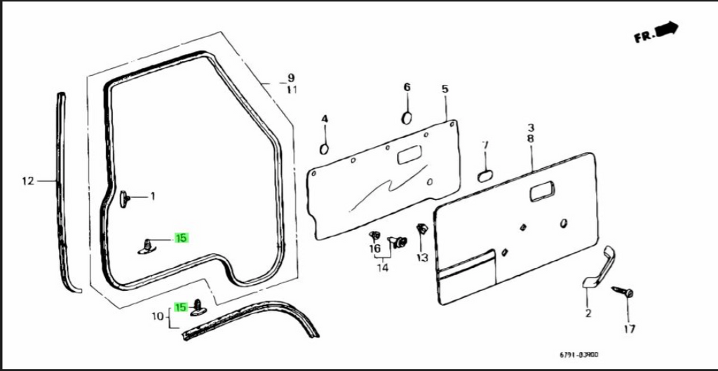 Exploded Diagram of Canoe Clip Installation for Honda Acty Truck HA3, HA4 Door Weather Stripping - Detailed Assembly Guide for 1990-1999 Models Available at Oiwa Garage.