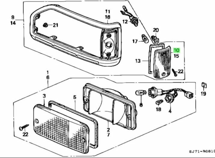 Parts diagram showing front right turn signal assembly for Honda Acty Truck HA3, HA4 models (1990-1999) - includes turn signal lens and related components