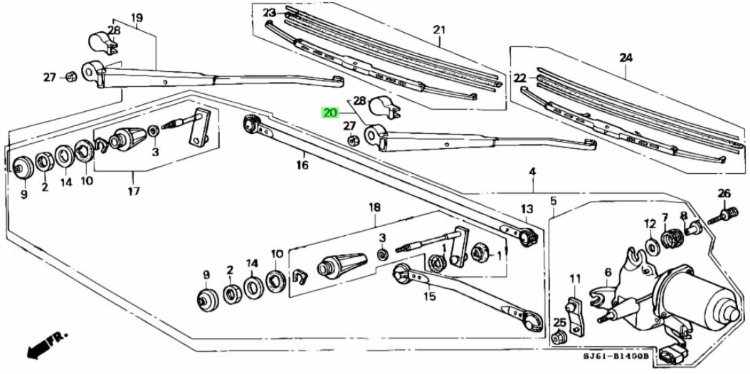 Parts diagram showing passenger side wiper arm and related components for Honda Acty Truck HA1, HA2, HA3, HA4 models (1990-1999)