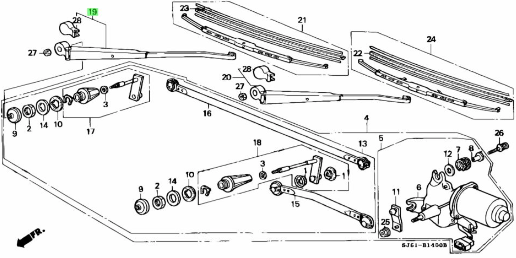 Parts diagram showing driver side wiper arm and related components for Honda Acty Truck HA1, HA2, HA3, HA4 models (1990-1999)