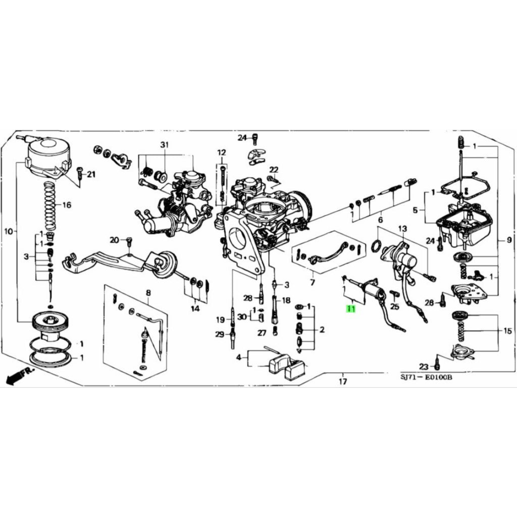 Exploded diagram of Honda Acty carburetor showcasing the location of the Slow Cut Carburetor Solenoid for HA3 HA4 models, technical illustration for part identification and installation
