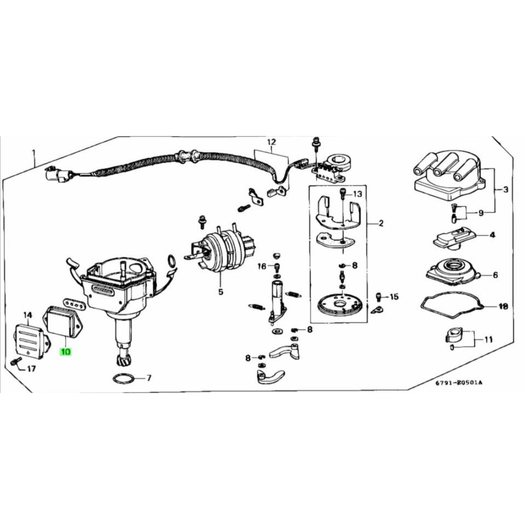 Illustrated diagram of the Honda Acty ignition system highlighting the ignition module for HA3, HA4, HH3, HH4 models, 1990-1999.