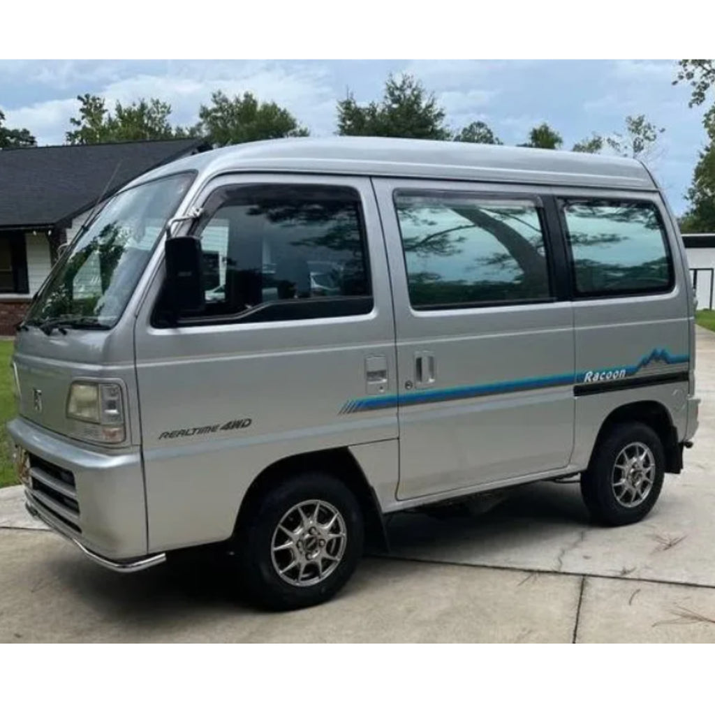 Customized Honda Street Van HH3, HH4 featuring Racoon blue side decal with stylish mountain and stripe design for 1990-2000 models.
