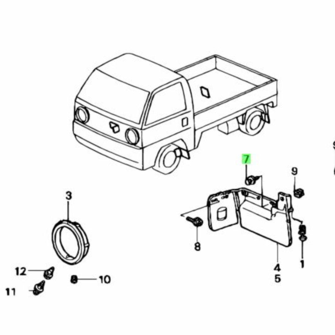 Mud flap tapping screws for Honda Acty Truck models HA1-HA4 (1990-1999), shown in a detailed diagram with labeled parts